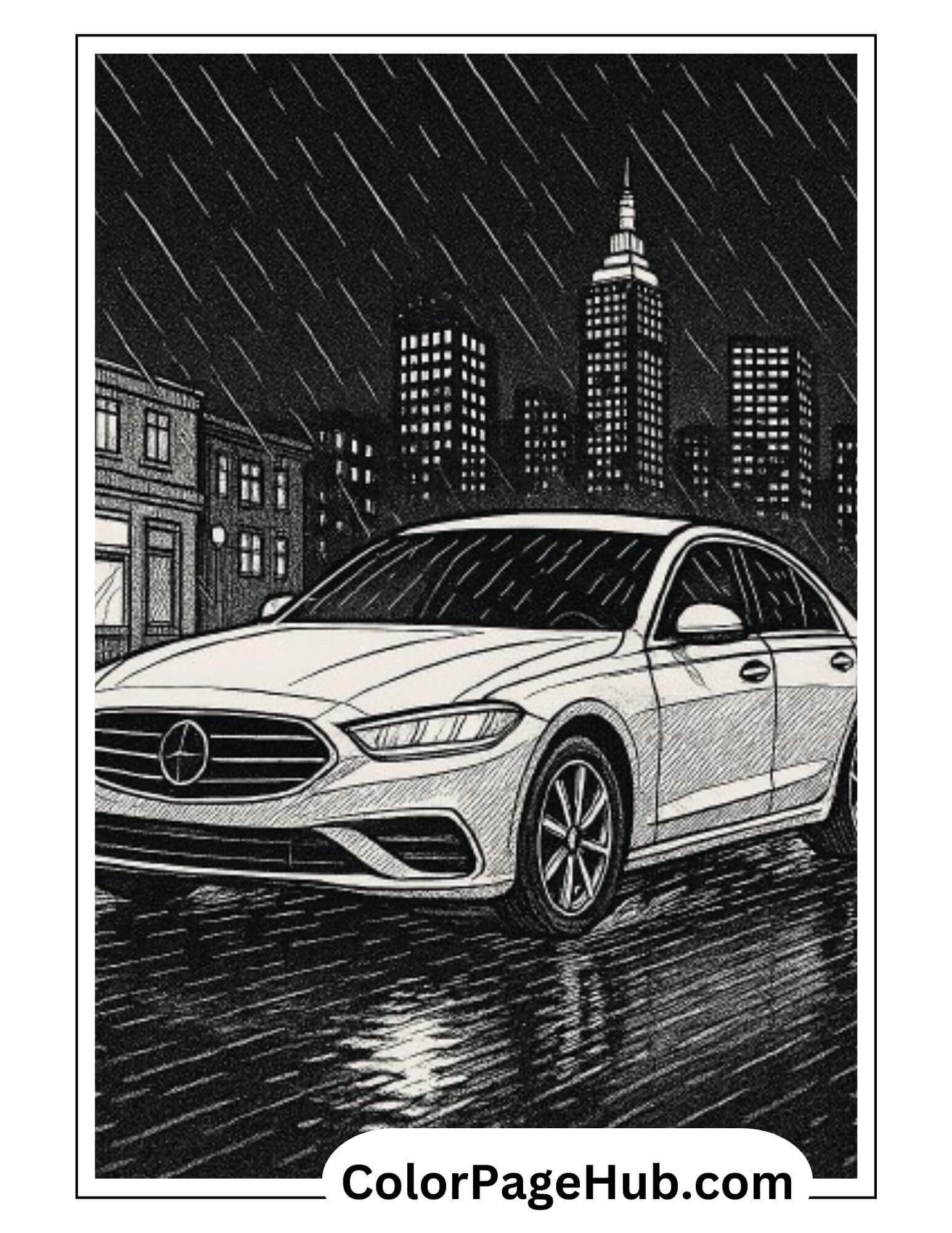 Stylish sedan on a rainy city street with skyscrapers in the background — detailed Cars Coloring Page for creative fun