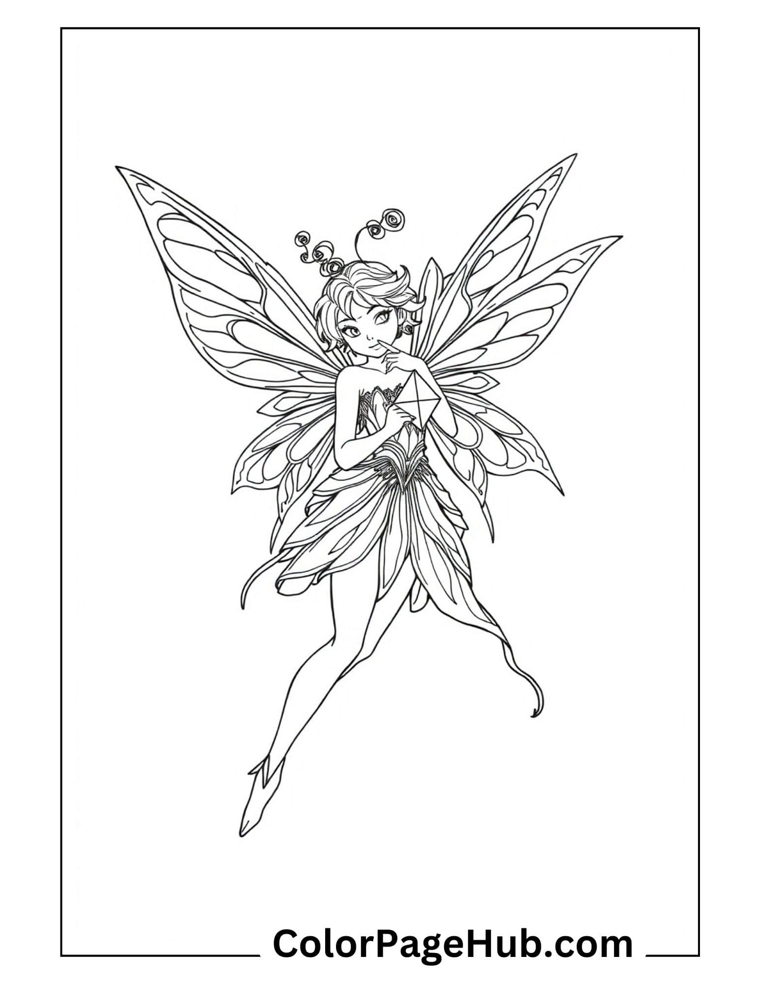 Whimsical fairy coloring page featuring a pixie with butterfly wings holding an envelope, perfect for fantasy art lovers