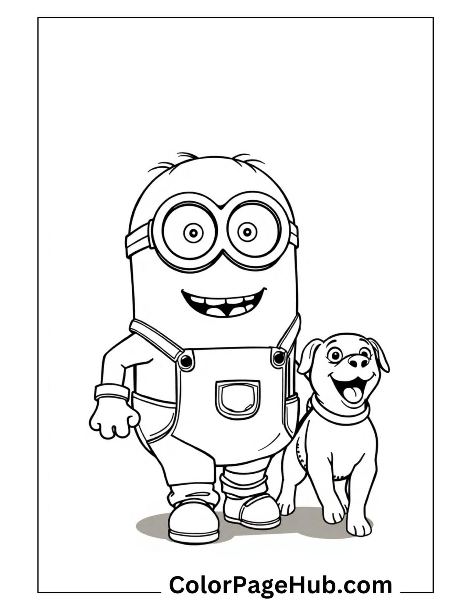 Happy Minion coloring pages featuring a cheerful character with puppy companion - free printable Minion coloring pages for kids and dog lovers.