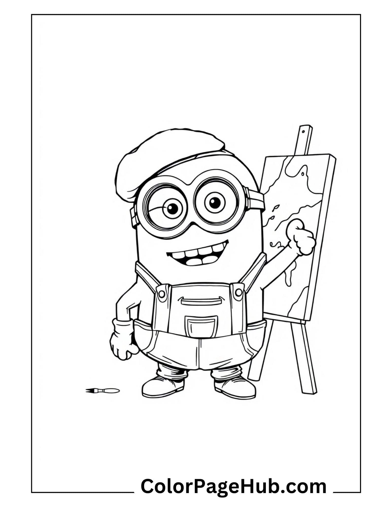 Artist Minion coloring page with beret and easel - printable Minion coloring pages for kids featuring the beloved character painting