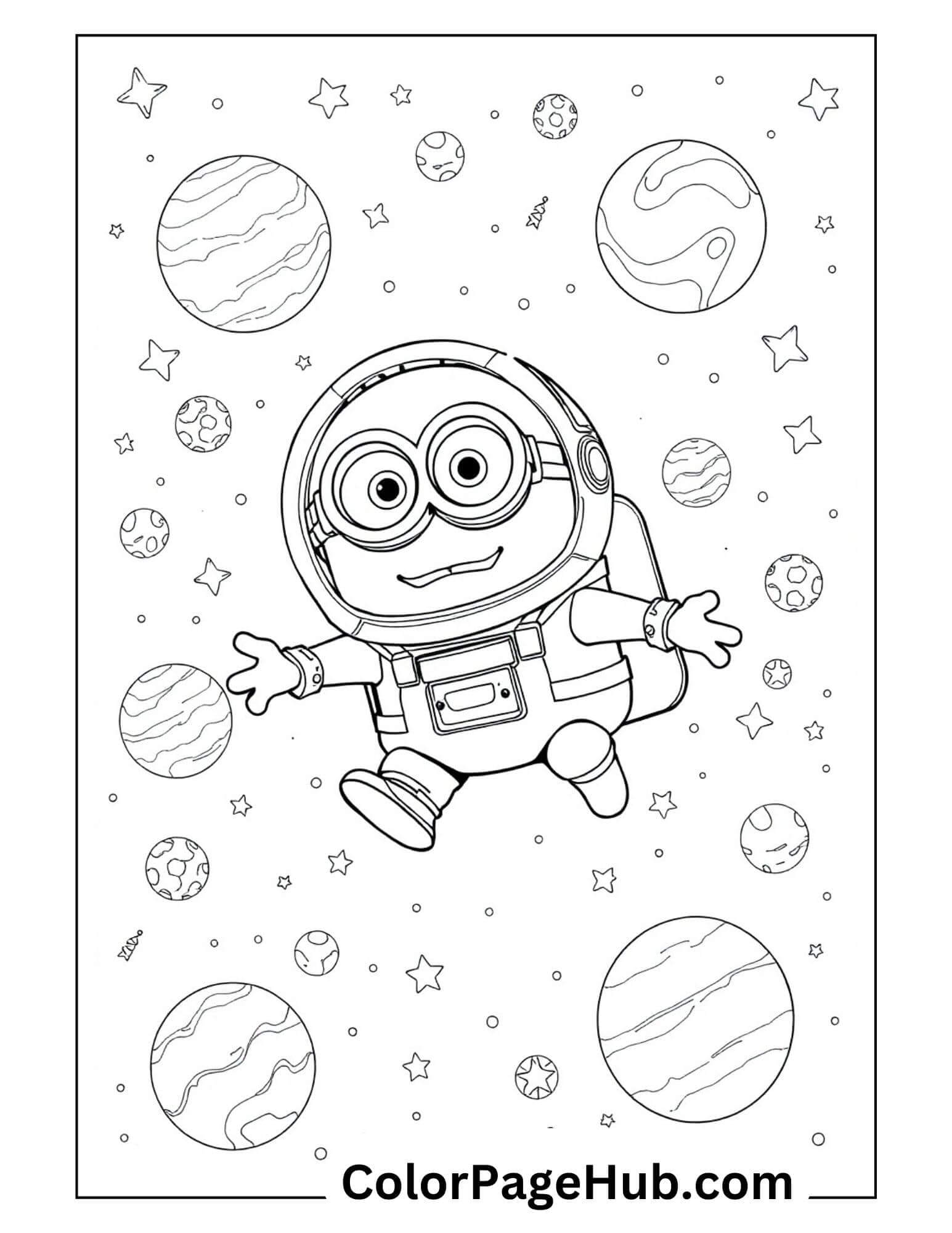 Astronaut Minion coloring page with a happy character floating in space surrounded by planets and stars - fun Minion coloring pages for space enthusiasts.