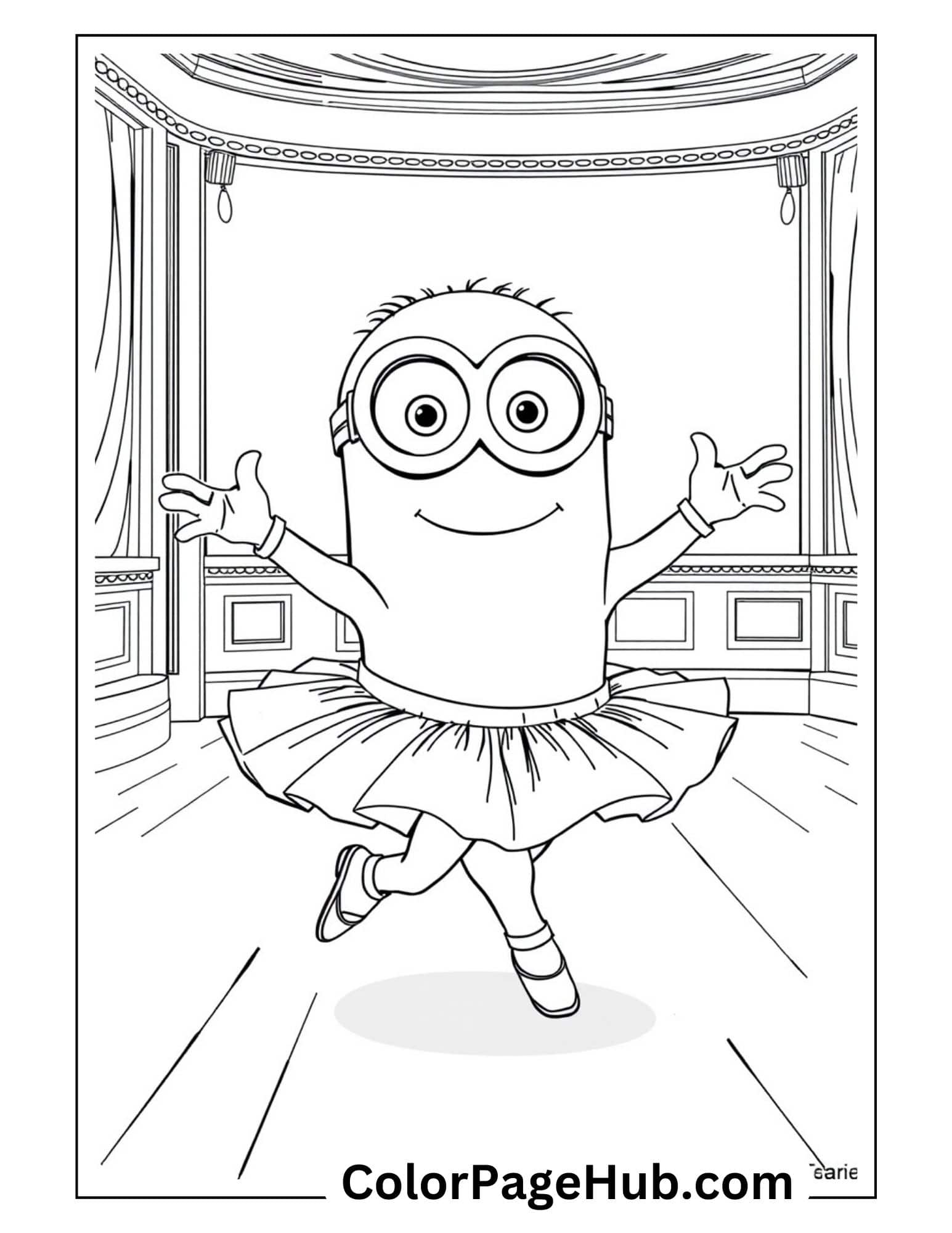 Ballet Minion coloring page with tutu and dance shoes performing on stage - cute character from ColorPageHub.com Minion coloring pages