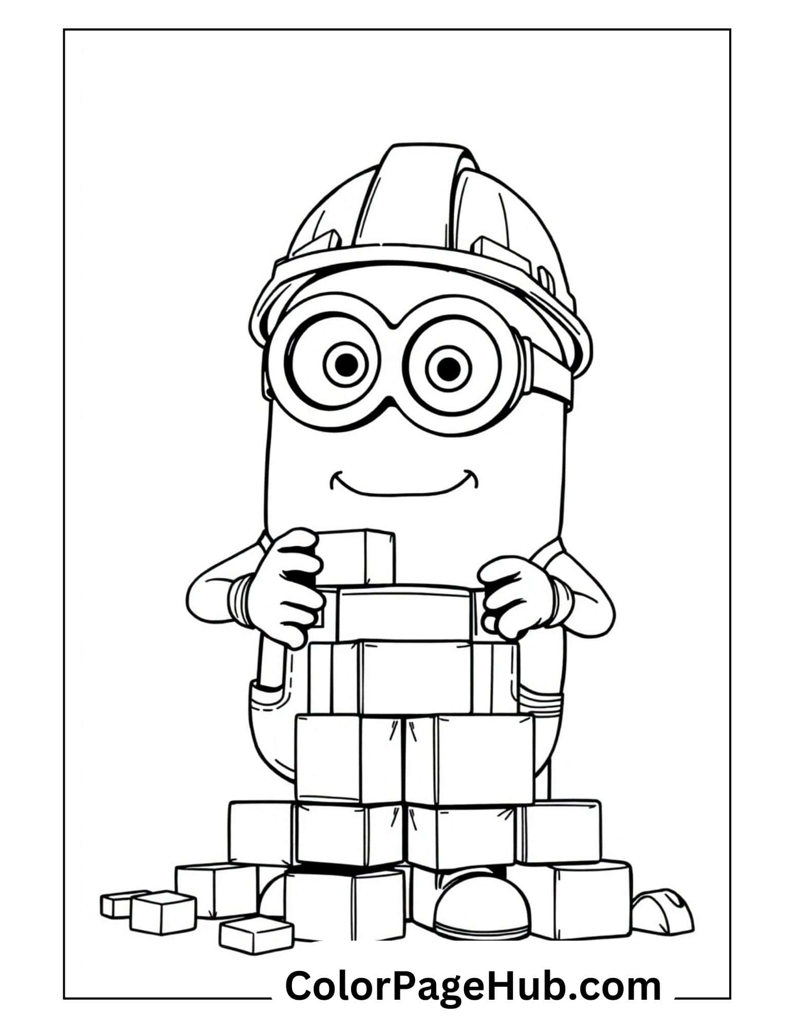 Construction Minion coloring pages with a hard-hat wearing Minion building blocks - educational STEM activity for kids who love Despicable