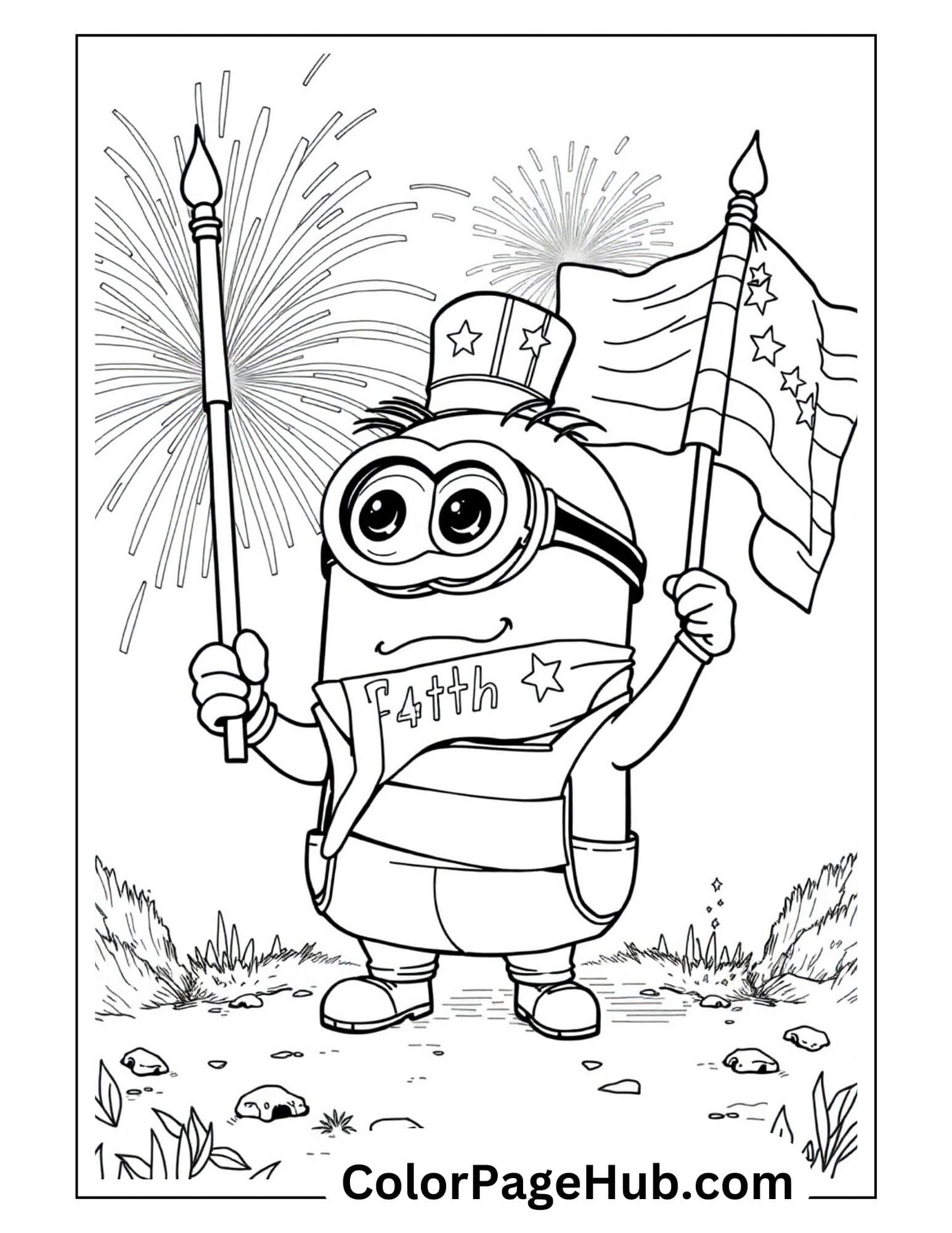 Patriotic Minion coloring page with American flag, sparkler and 4th of July theme featuring fireworks - fun holiday Minion coloring pages for kids