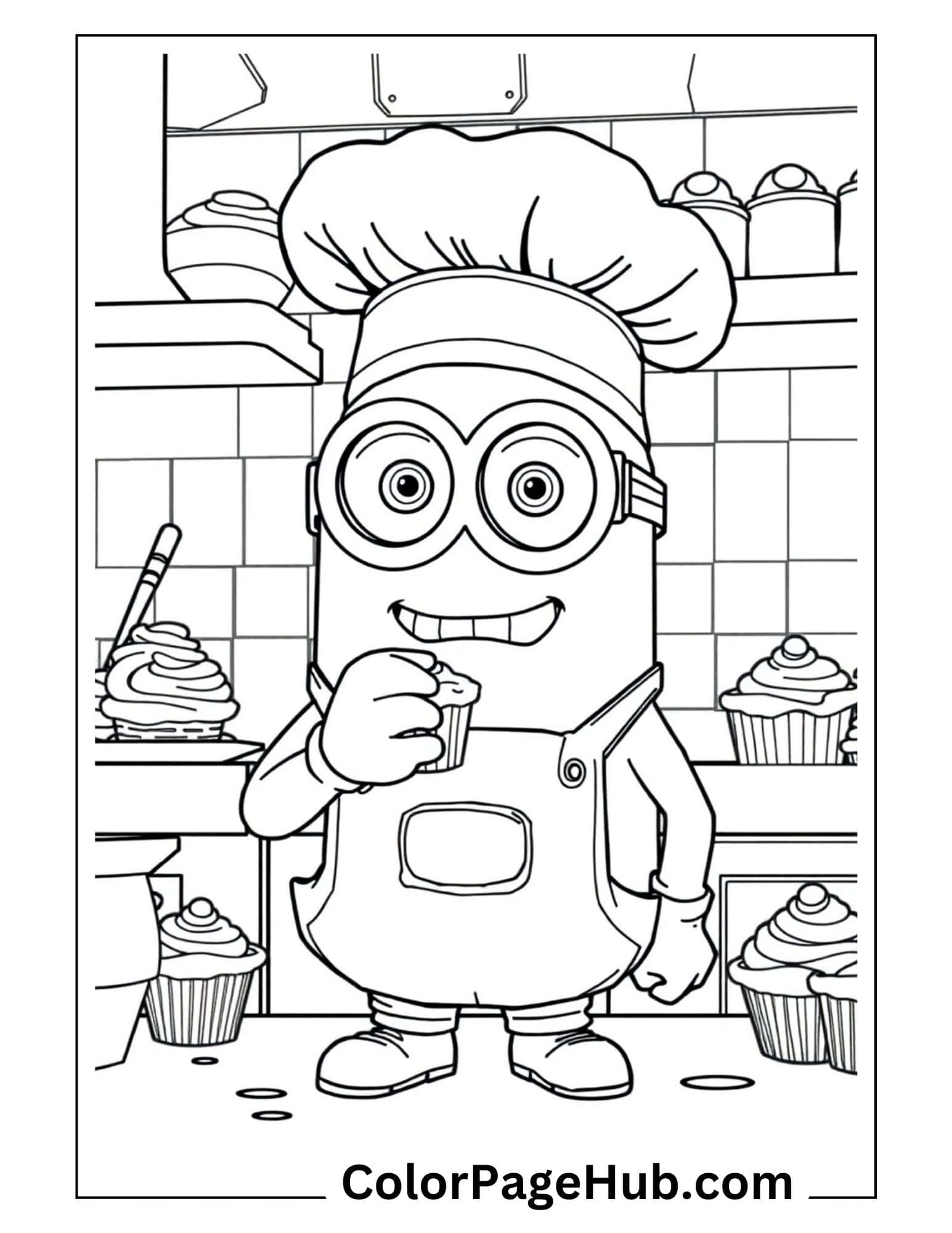 Chef Minion coloring page featuring a smiling Minion in baker's hat with cupcake in hand surrounded by baked treats in a kitchen setting