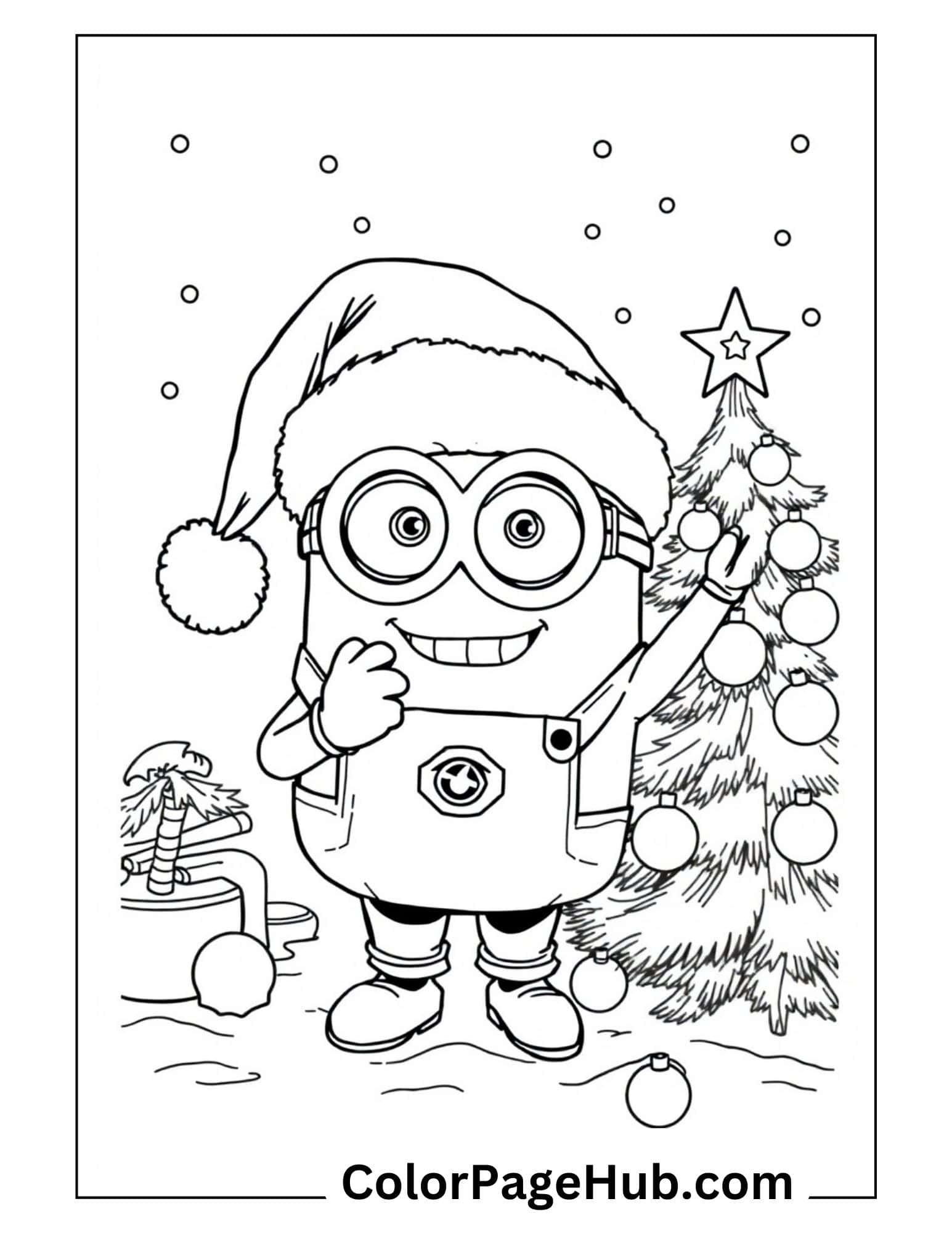 Christmas Minion coloring page with Santa hat, decorated tree and falling snow - festive holiday Minion coloring pages for kids