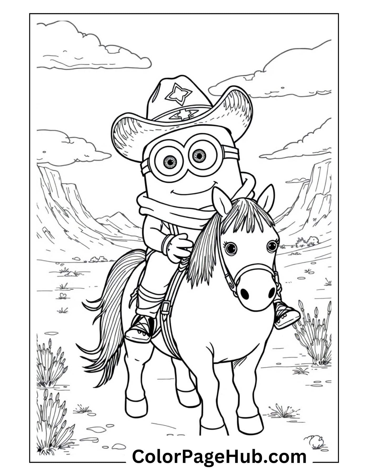 Cowboy Minion coloring page featuring a smiling character riding a horse through western landscape - Wild West themed Minion coloring pages for adventure-loving kids.