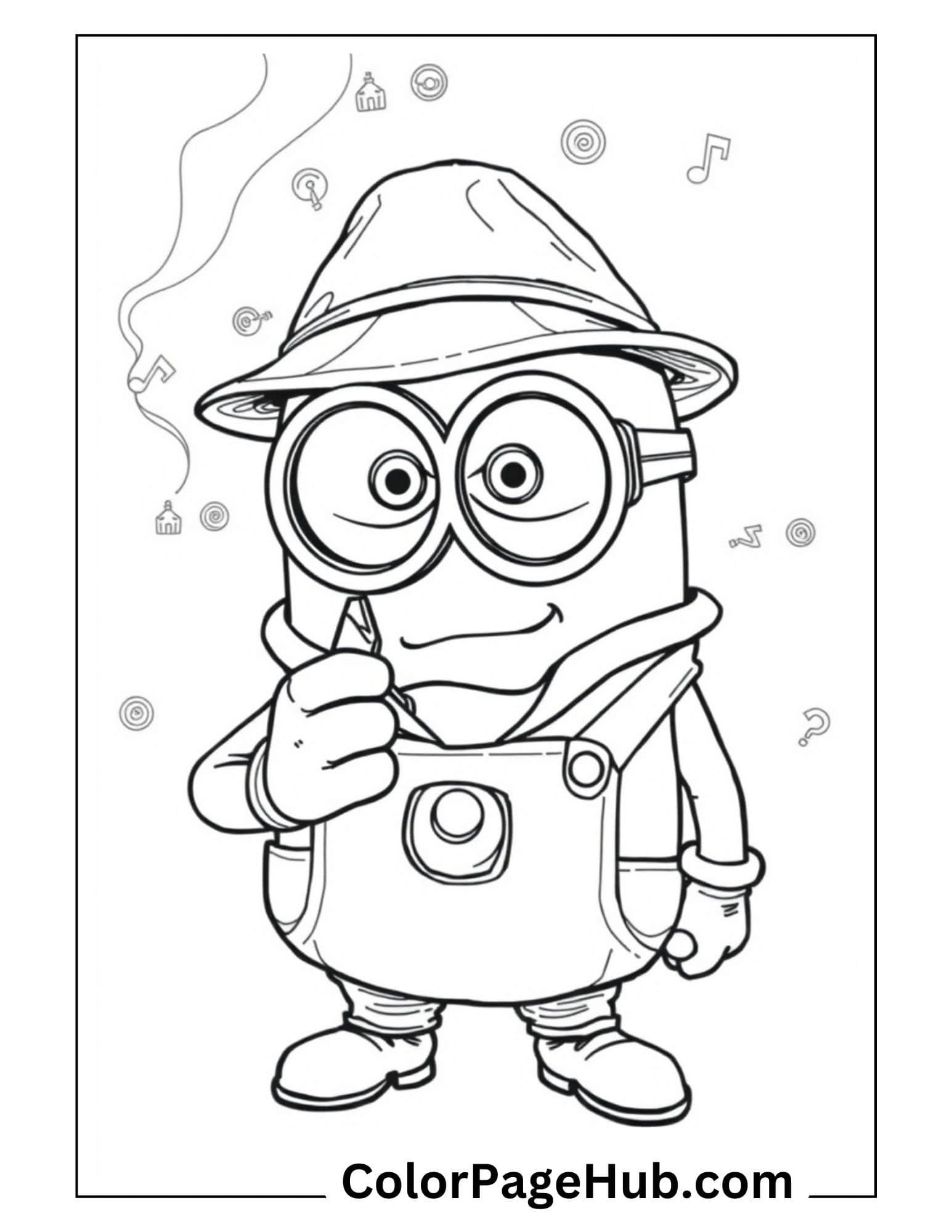 Detective Minion coloring pages with hat-wearing character giving thumbs up - printable activity with musical notes background