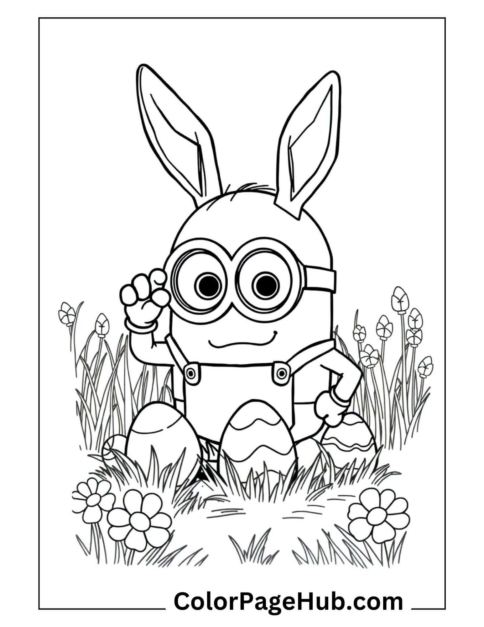 Easter Minion coloring page with bunny ears, decorated eggs, and spring flowers - cute holiday-themed Minion coloring pages for kids