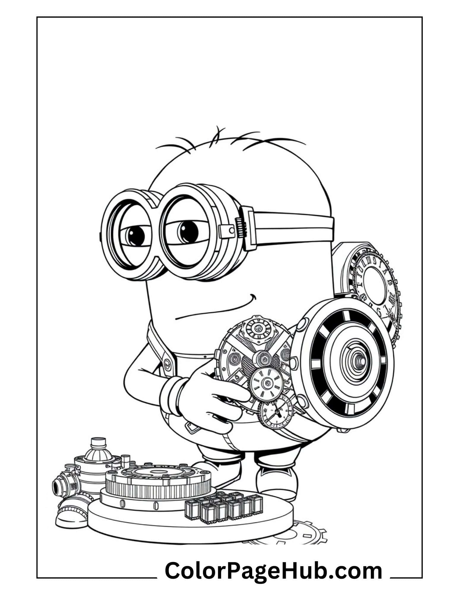 Minion coloring page featuring a mechanical engineer character with goggles holding gears and working with steampunk-style machinery