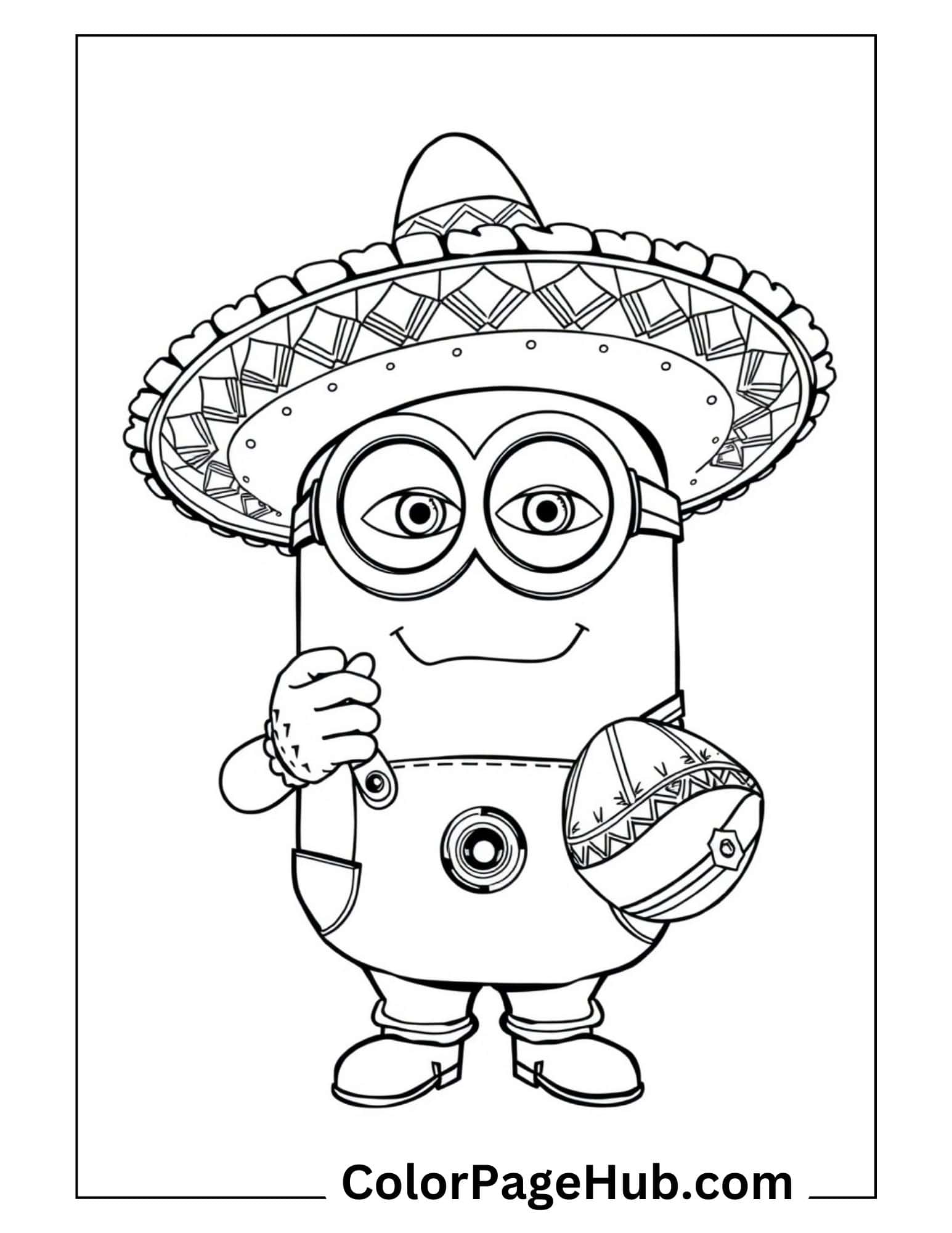 Mexican-themed Minion coloring page featuring a cheerful character wearing a large sombrero and holding a maraca, perfect for cultural crafts