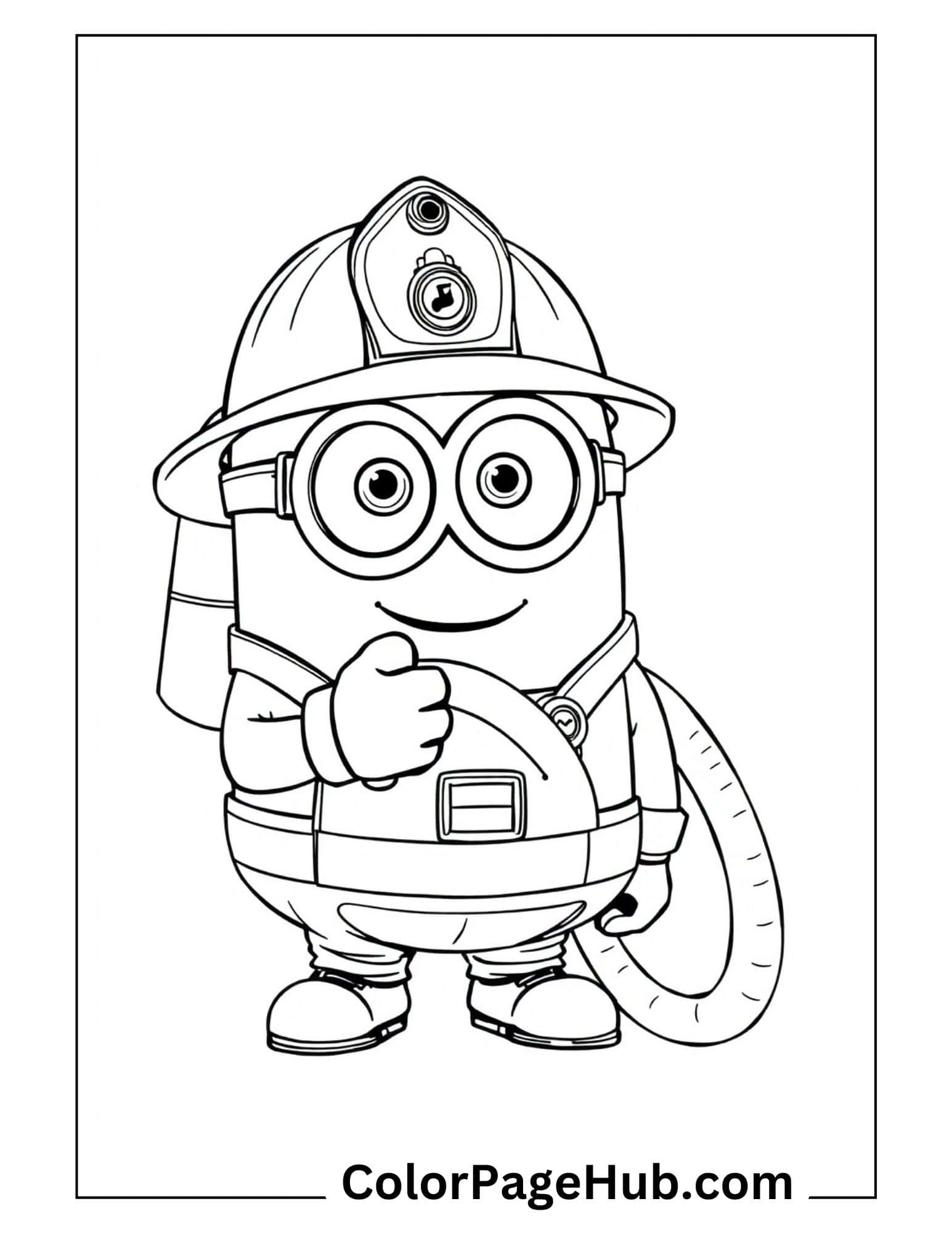 Firefighter Minion coloring page featuring a smiling character with goggles holding a hose, perfect for kids who love Minion coloring pages and fire safety themes.
