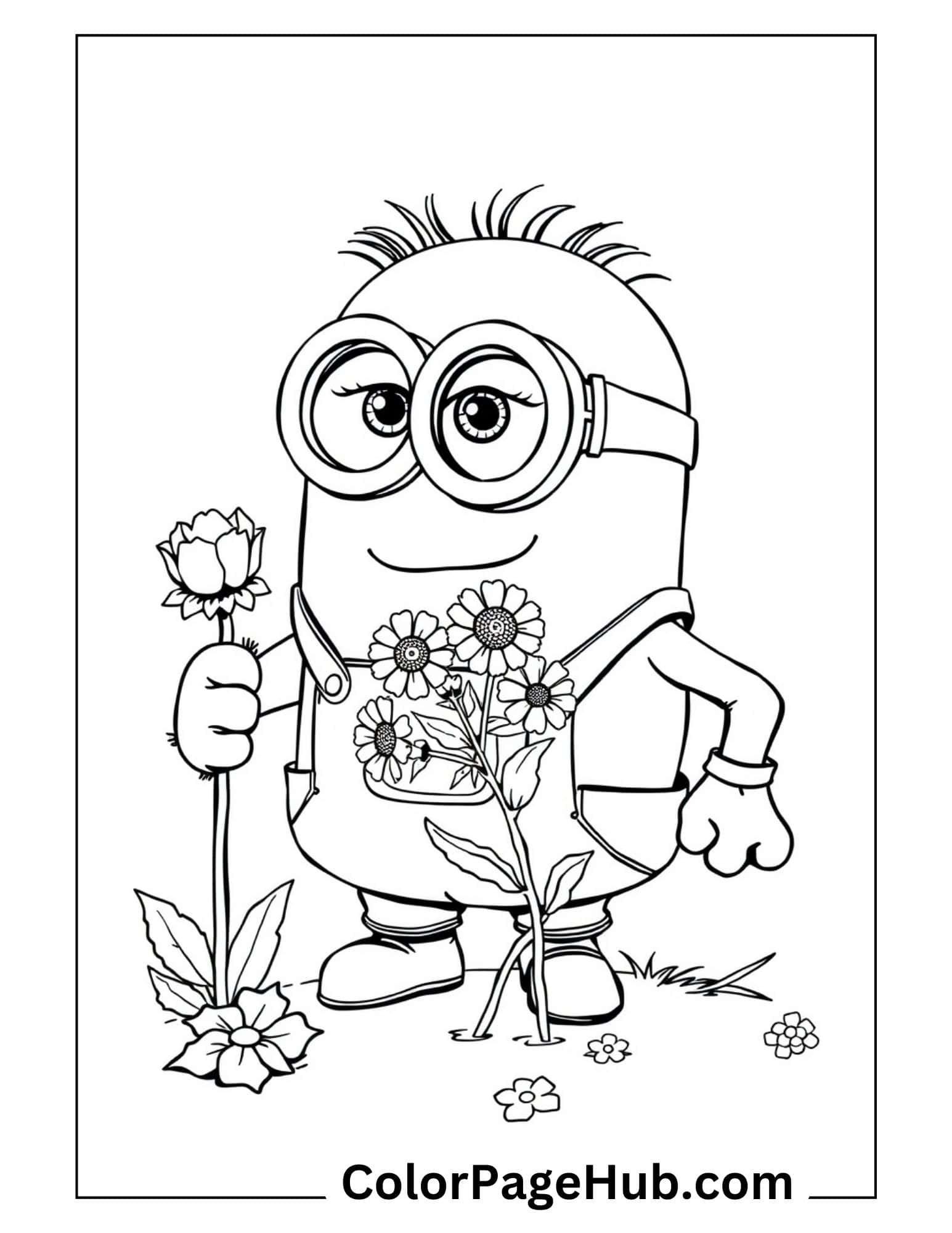 Cute Minion coloring page with flowers - smiling character holding daisies in a garden scene from ColorPageHub.com for kids' Minion coloring pages