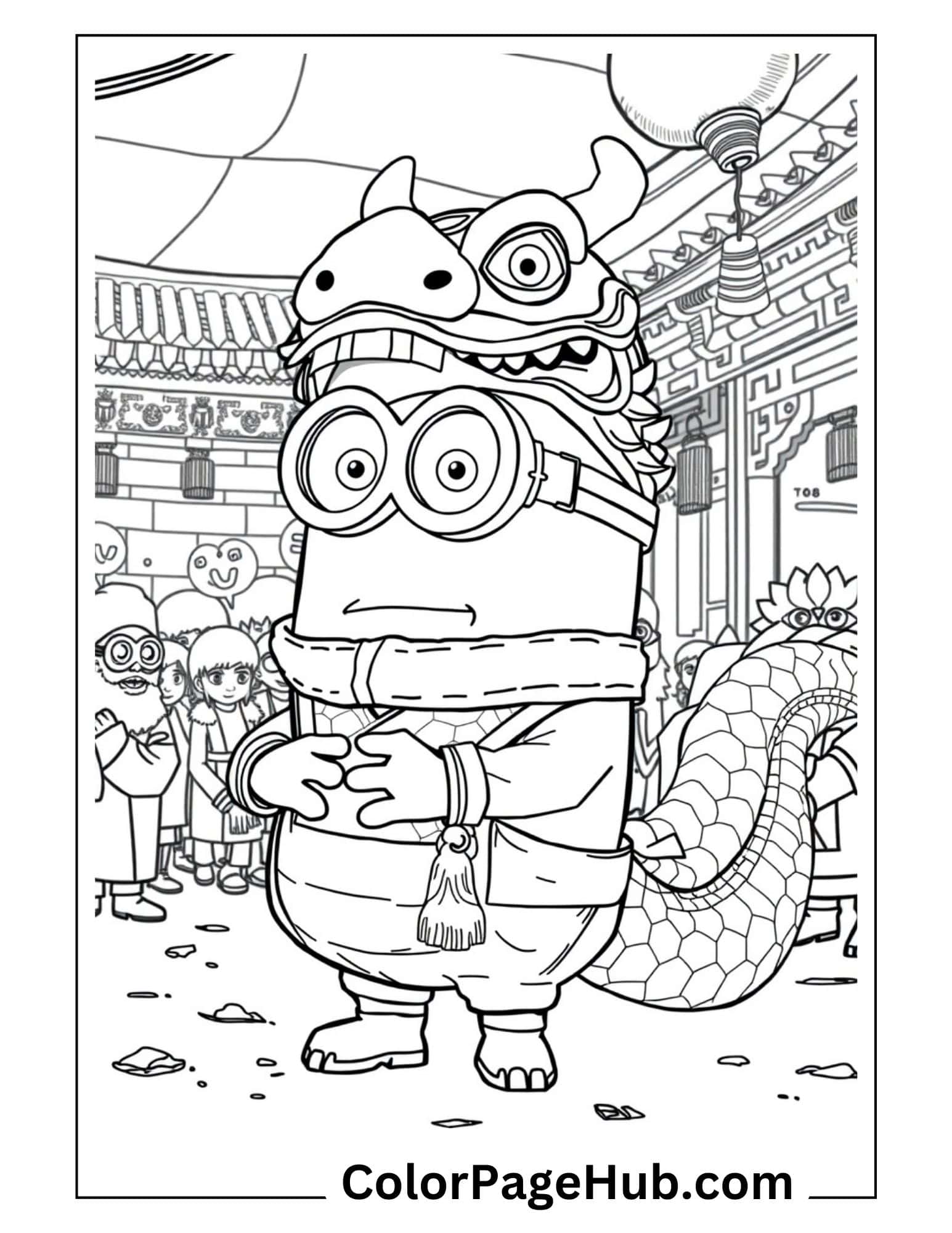 Minion coloring page featuring a character dressed in Chinese dragon costume celebrating Lunar New Year with traditional temple background