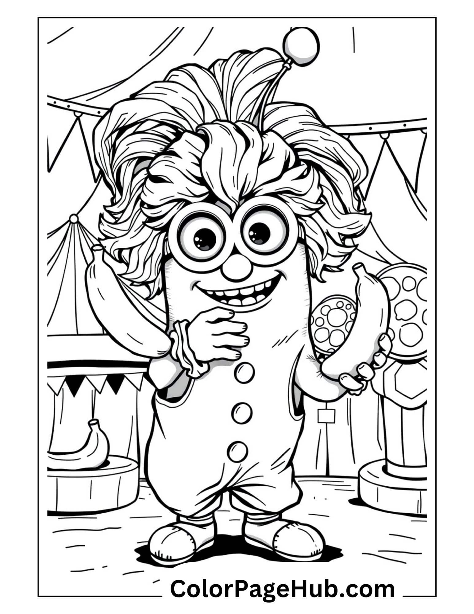 Clown Minion coloring page featuring a cheerful character with wild hair holding bananas in a circus tent - fun carnival-themed Minion coloring pages for kids.