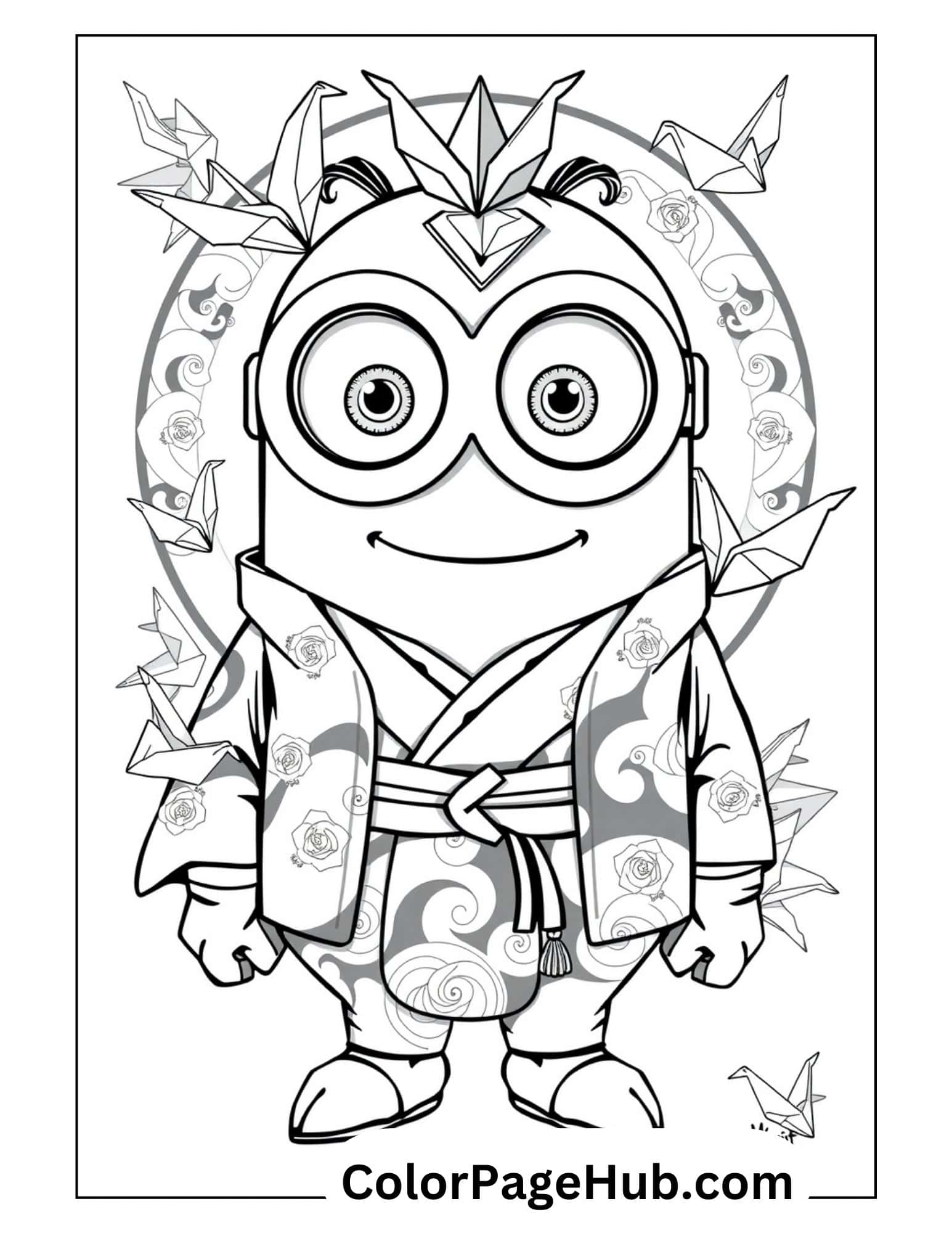 Minion coloring page featuring a character in traditional Japanese kimono with floral patterns, surrounded by origami cranes and decorative circle