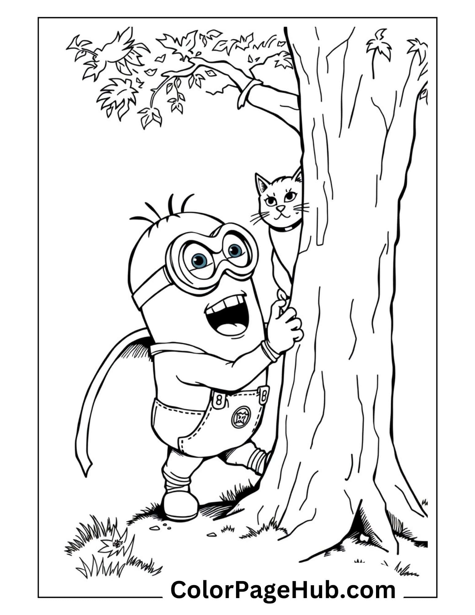 Minion coloring page showing excited Minion discovering a cat hiding behind a tree, perfect for kids who love animals and cartoon characters