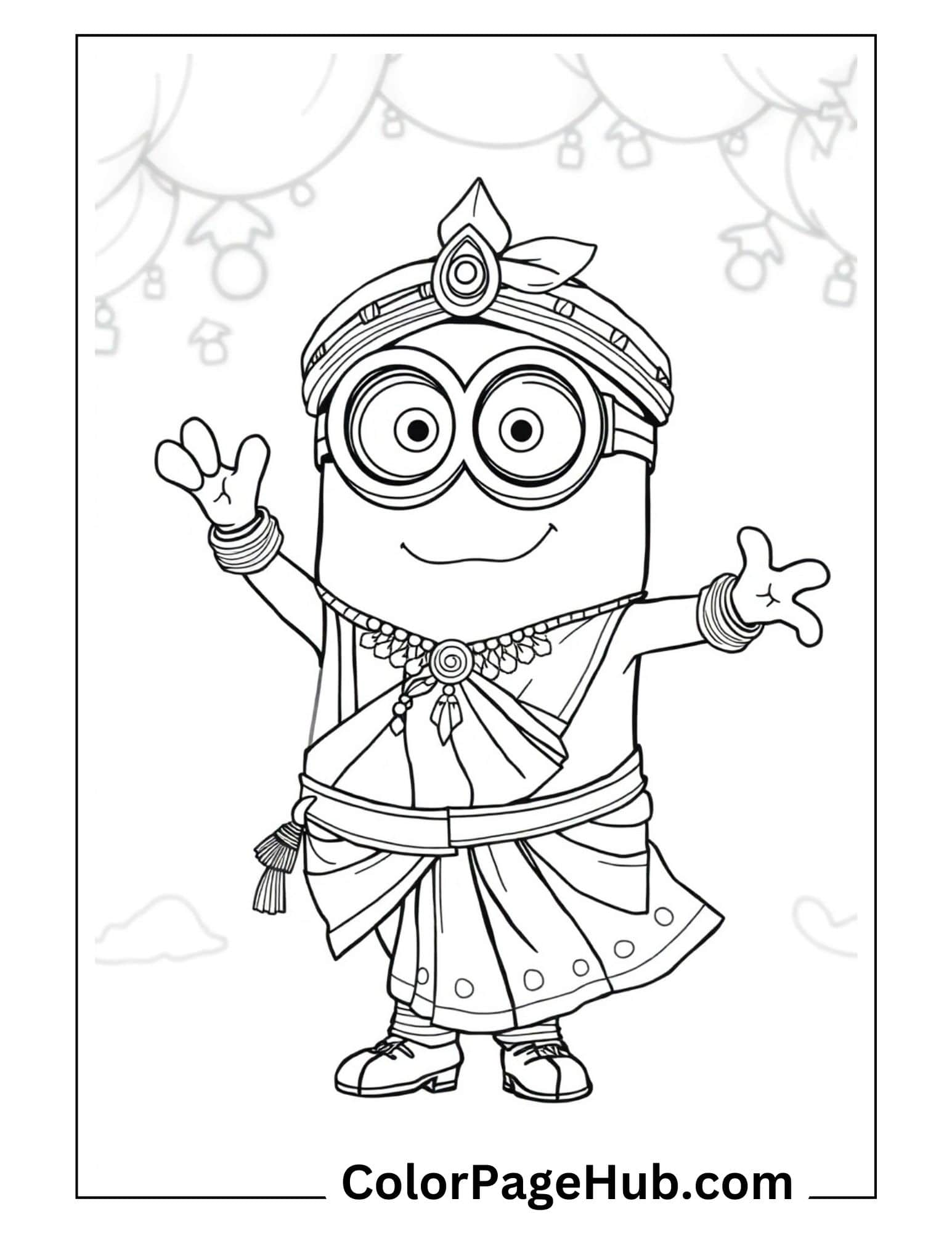 Festive Minion coloring pages featuring a cheerful character in traditional Indian attire with dhoti and turban - printable activity