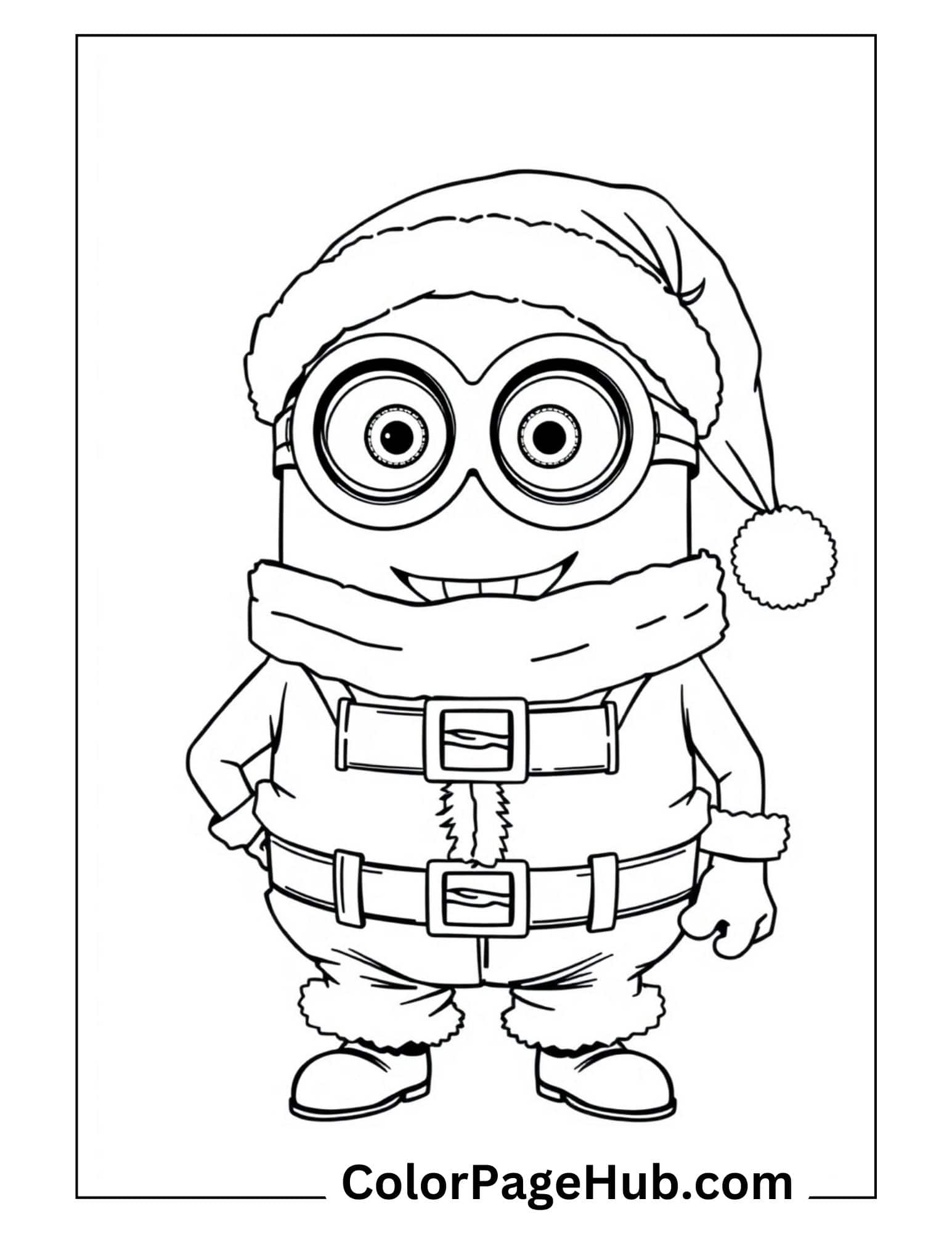 Christmas Santa Minion coloring page with holiday outfit and hat - festive Minion coloring pages for kids during winter season.