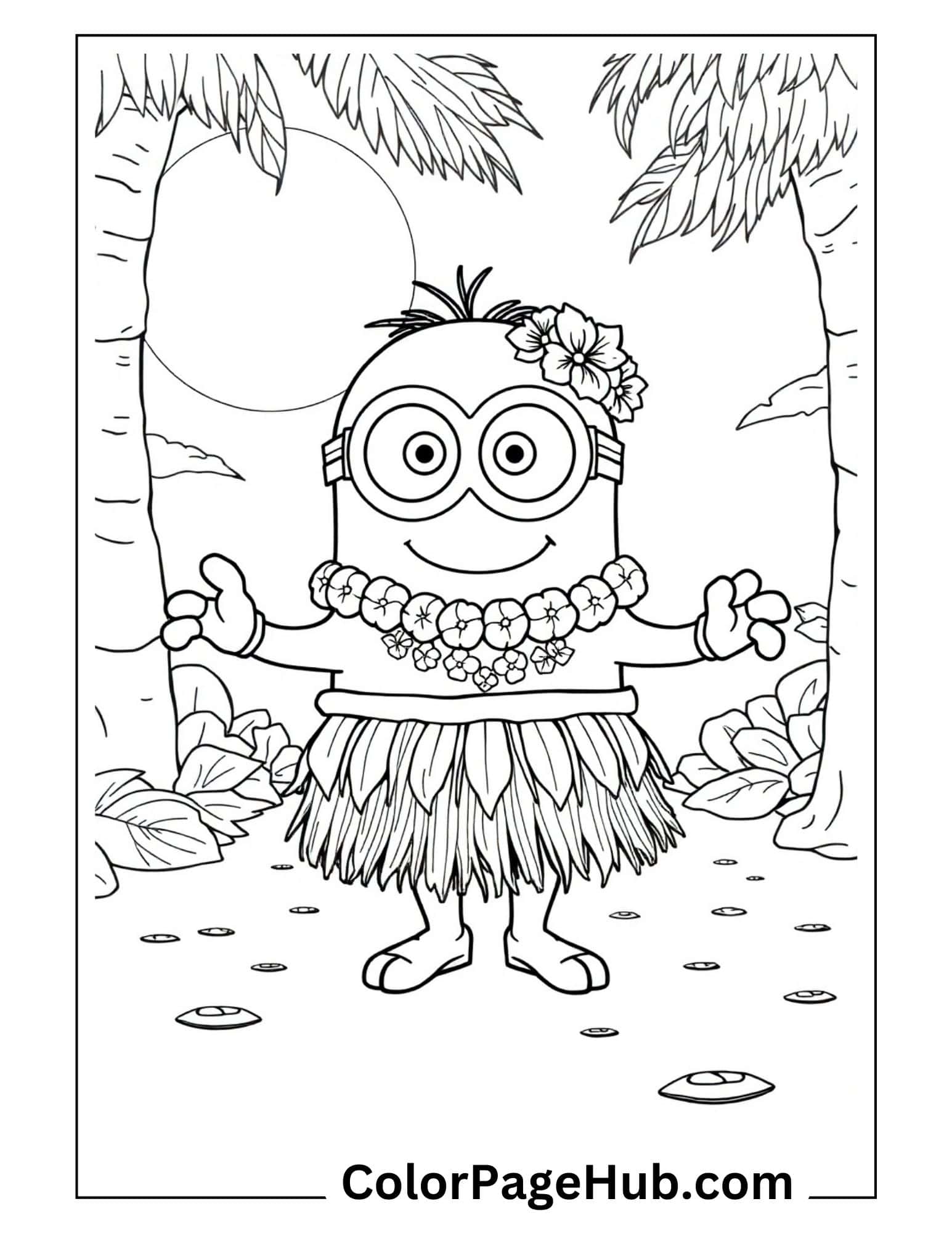 Hawaiian Hula Minion coloring pages with tropical beach scene - fun summer-themed Minion coloring pages for kids featuring grass skirt and leis.