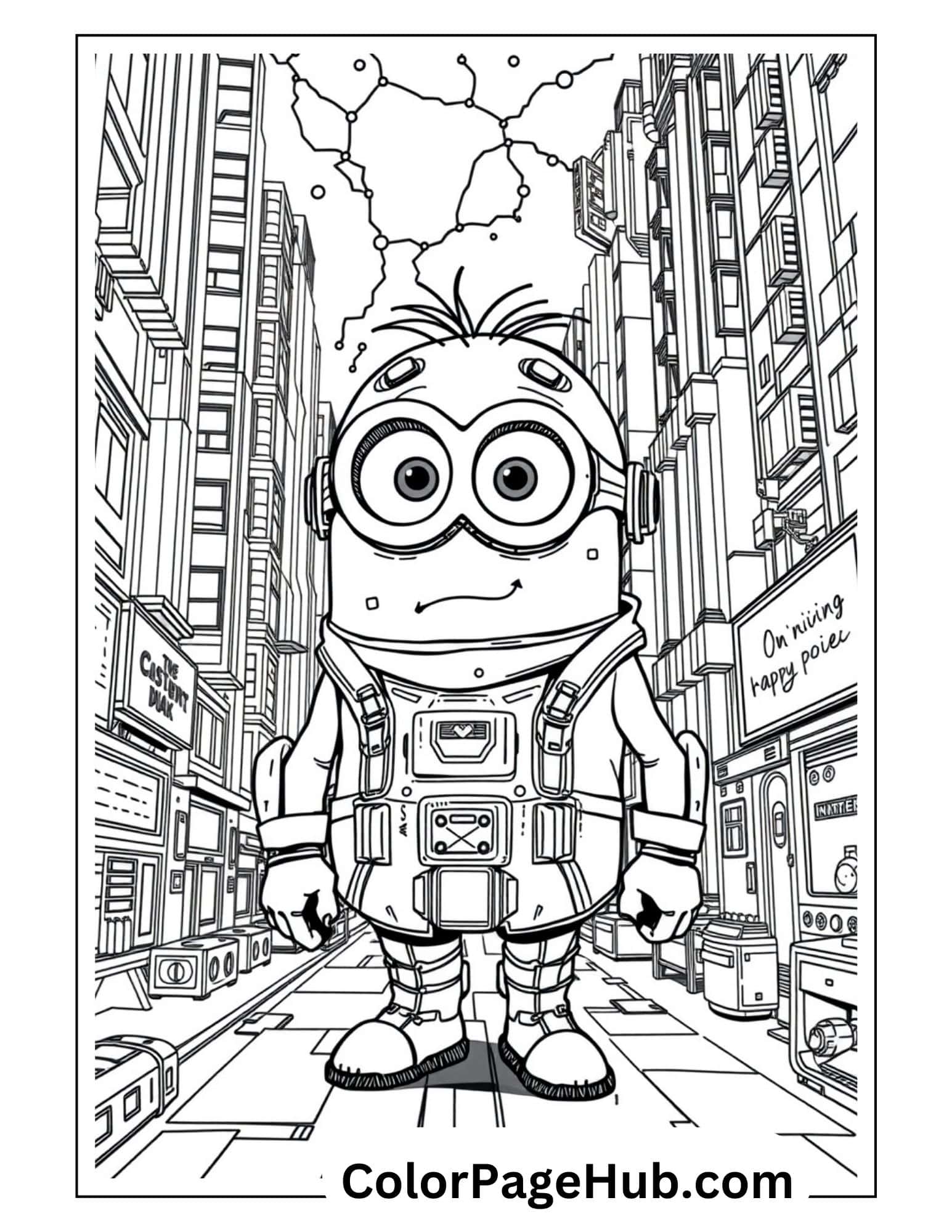 Minion coloring page featuring a character in futuristic gear standing in a detailed urban cityscape with tall buildings and sci-fi elements