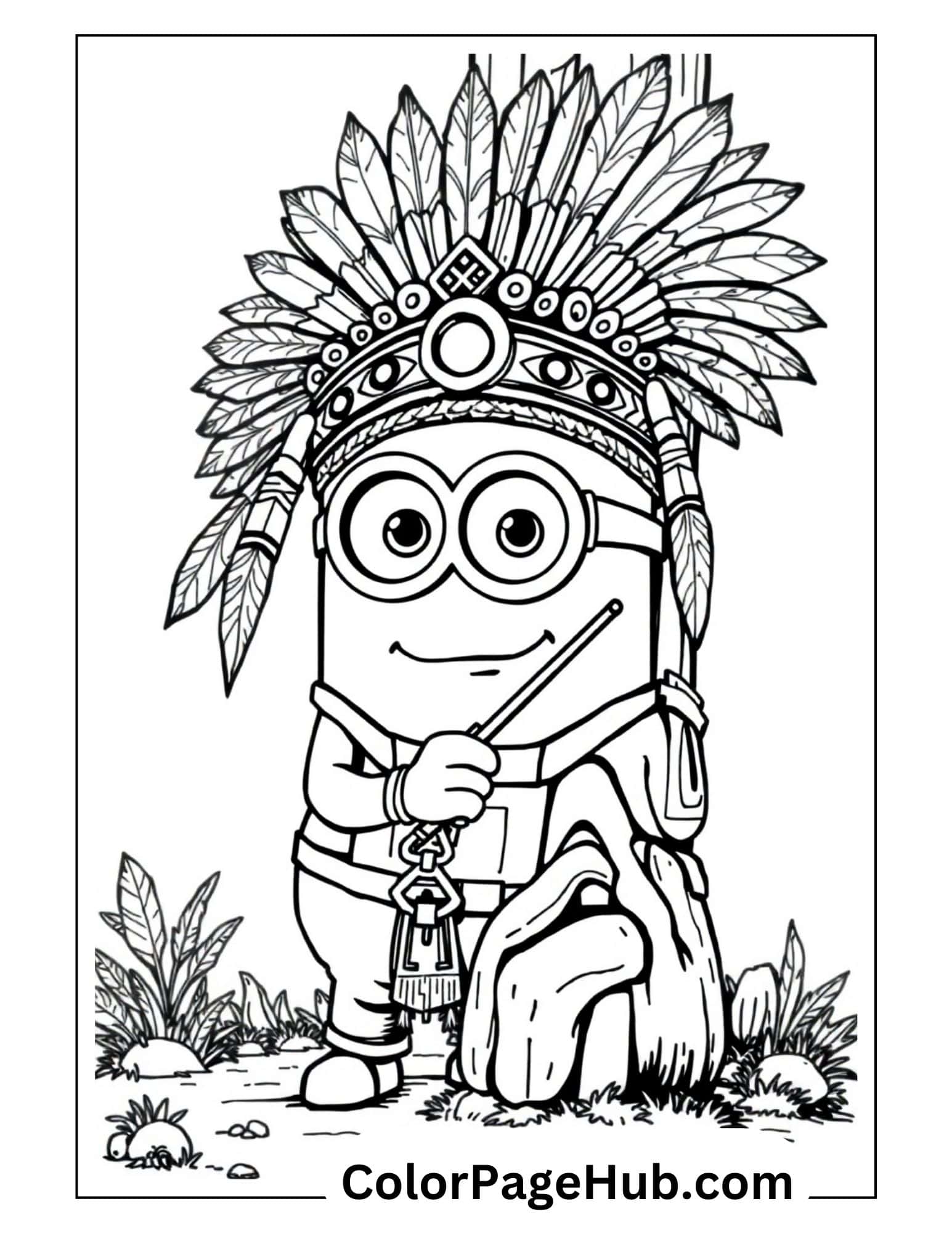 Native American-themed Minion coloring pages featuring a goggle-eyed character with feathered headdress holding a stick - free printable
