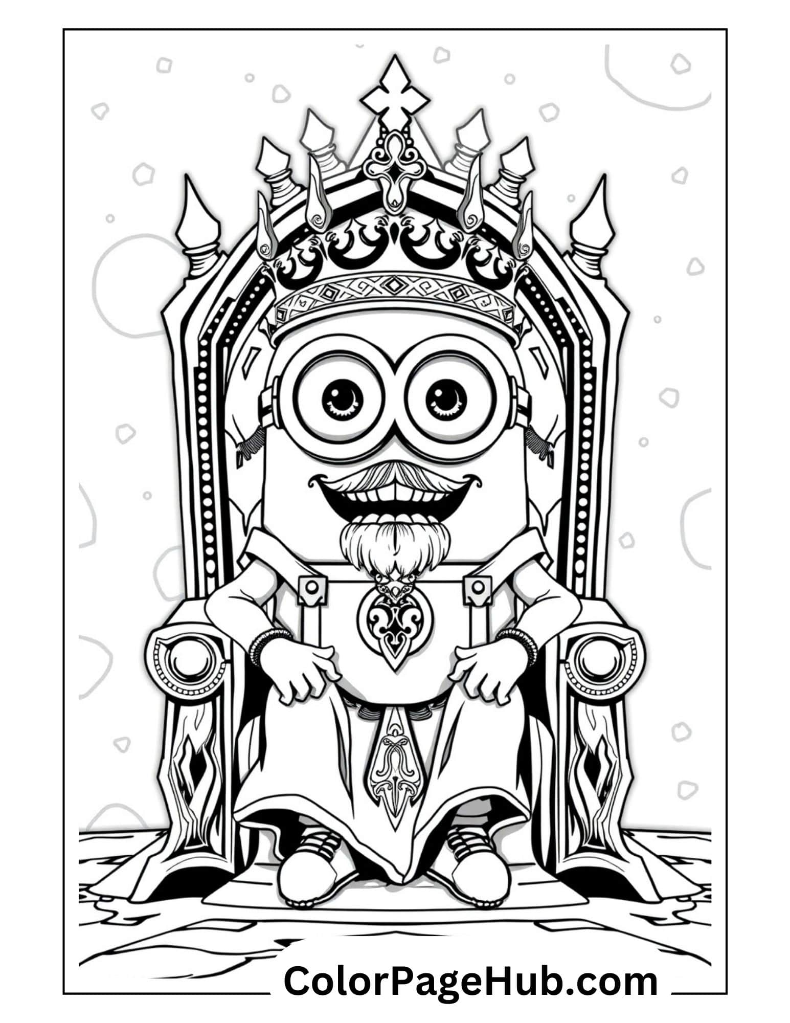 Royal Minion coloring page with crowned king character sitting on elaborate throne - printable Minion coloring pages for kids
