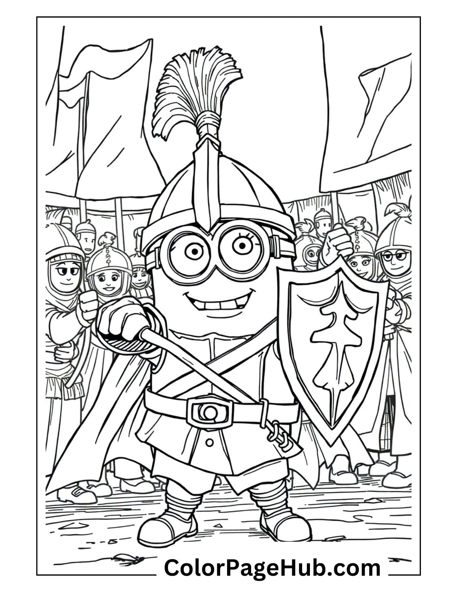 Knight Minion coloring pages featuring an armored Minion warrior with shield and helmet among Roman soldiers - historical fun