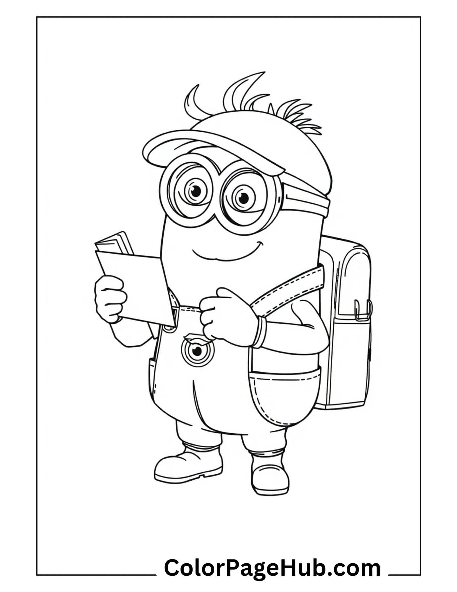 Free Minion coloring pages featuring a school-ready Minion with backpack, reading a book - perfect educational activity for Despicable Me fans