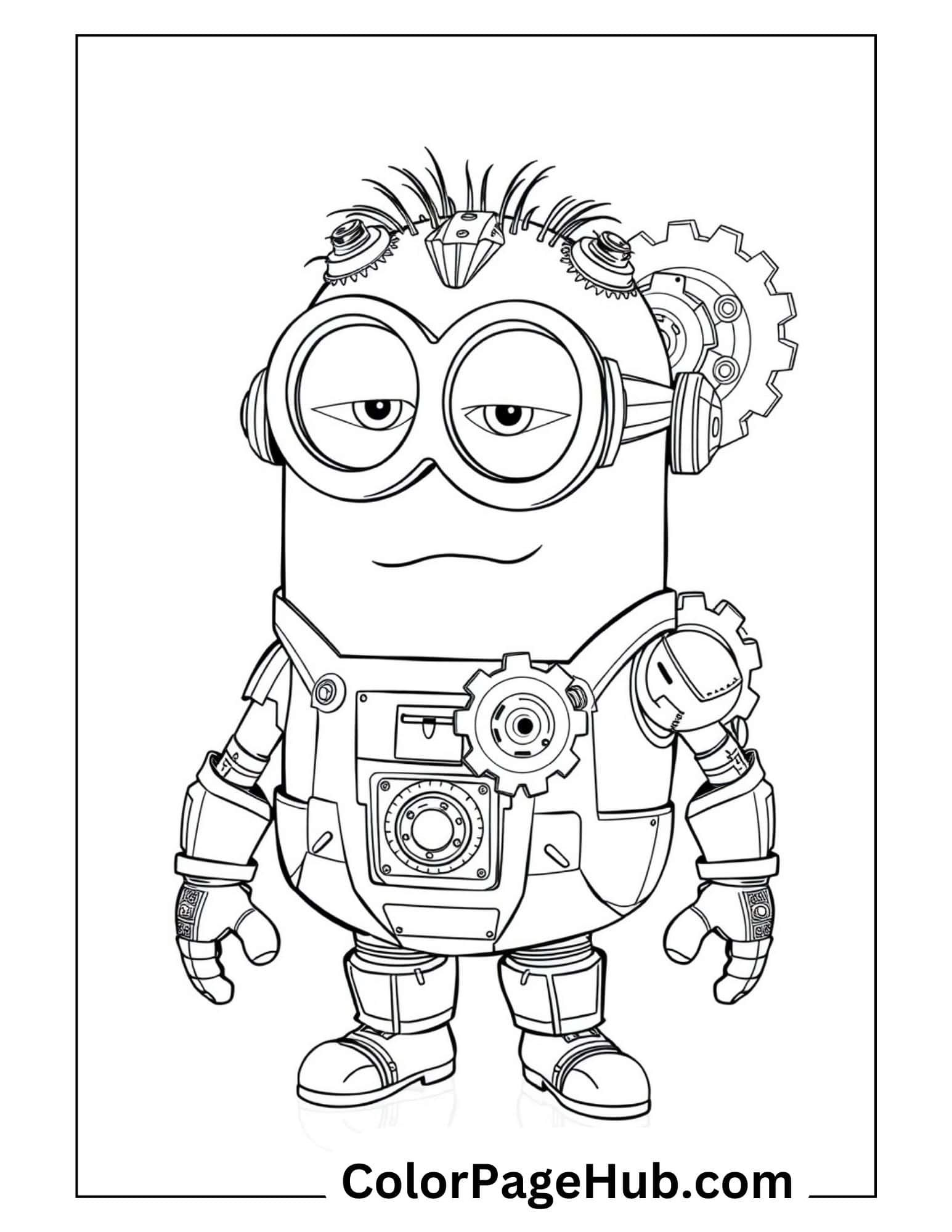 Steampunk Minion coloring page featuring mechanic gear details and robotic outfit - free printable Minion coloring pages