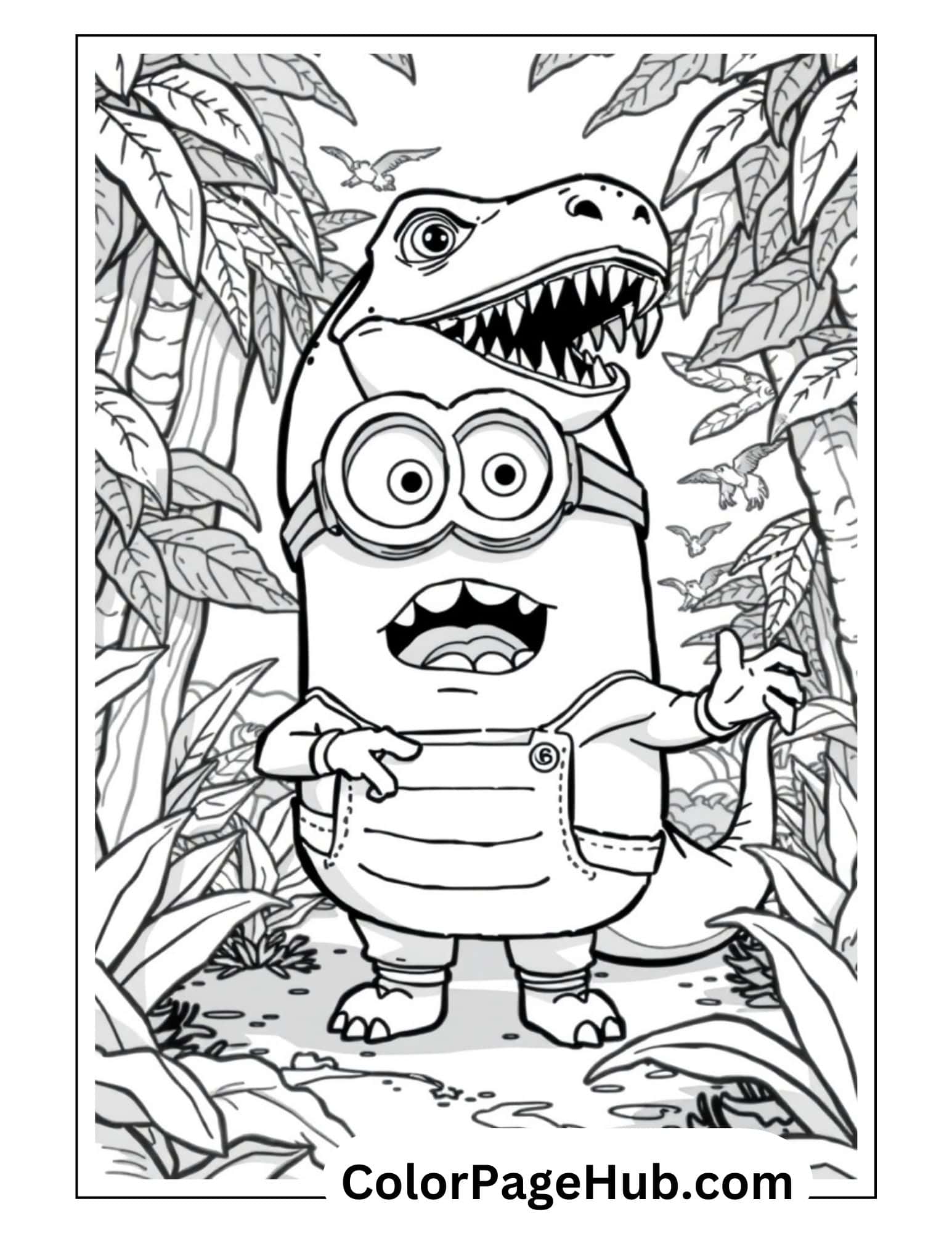 Dinosaur Minion coloring page with T-Rex hat in jungle setting - adventure-themed Minion coloring pages perfect for prehistoric fans and kids.