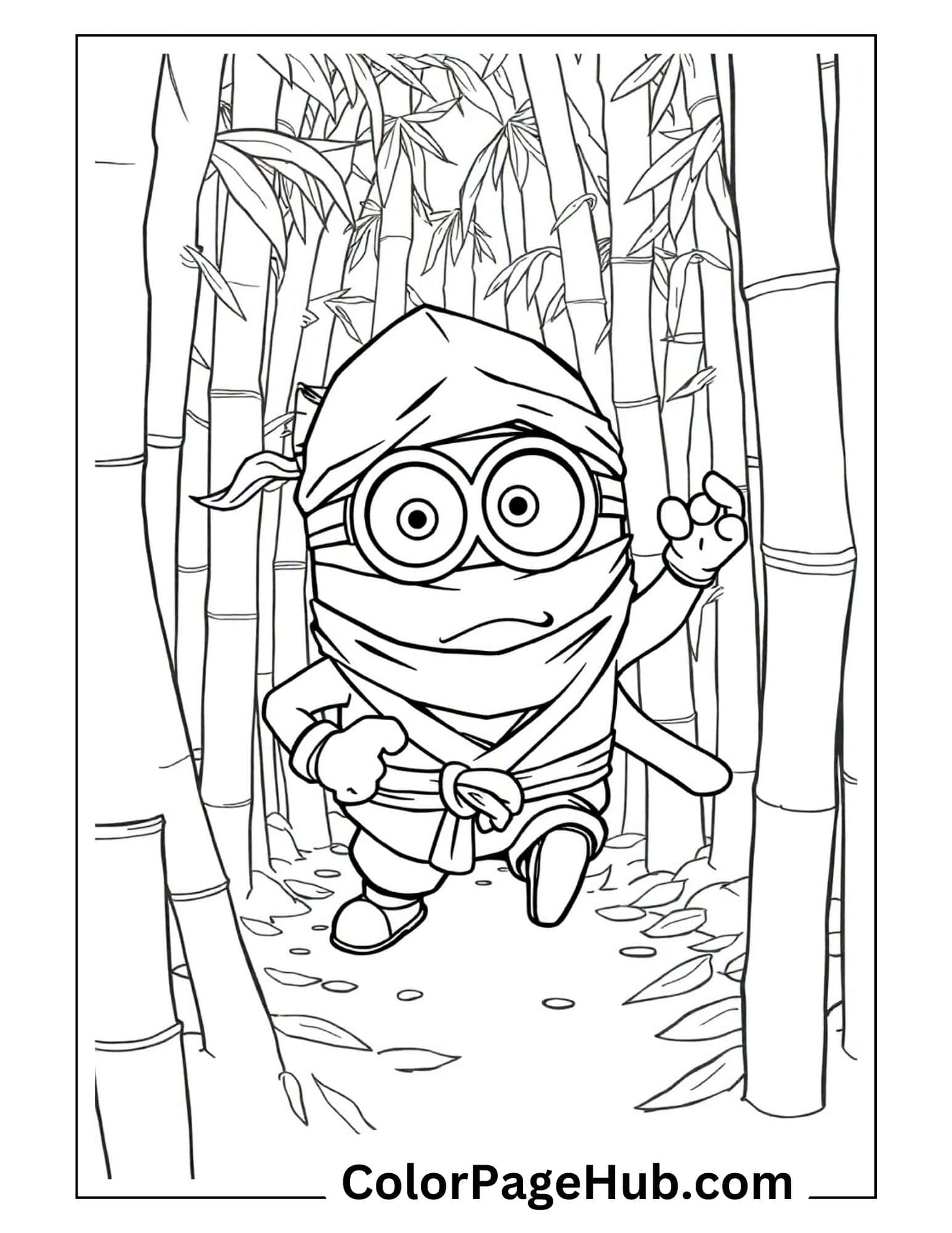 Ninja Minion coloring page featuring a disguised character running through bamboo forest - fun themed Minion coloring pages for kids