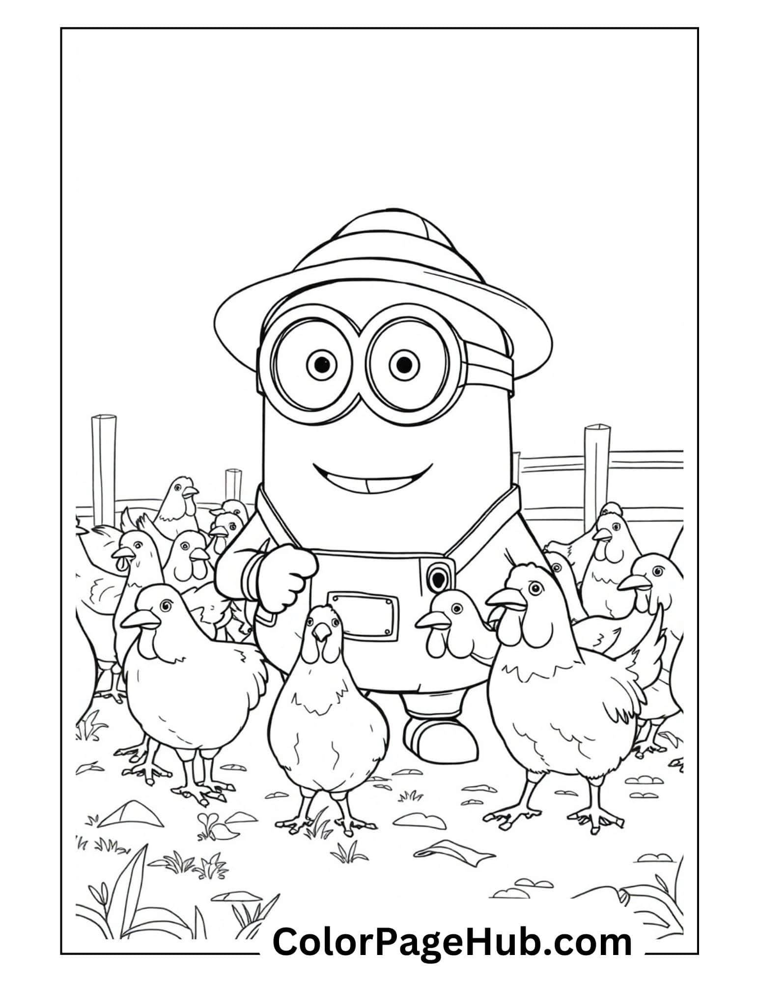 Farmer Minion coloring pages featuring a happy Minion in a hat surrounded by chickens on a farm - cute Despicable Me printable activity