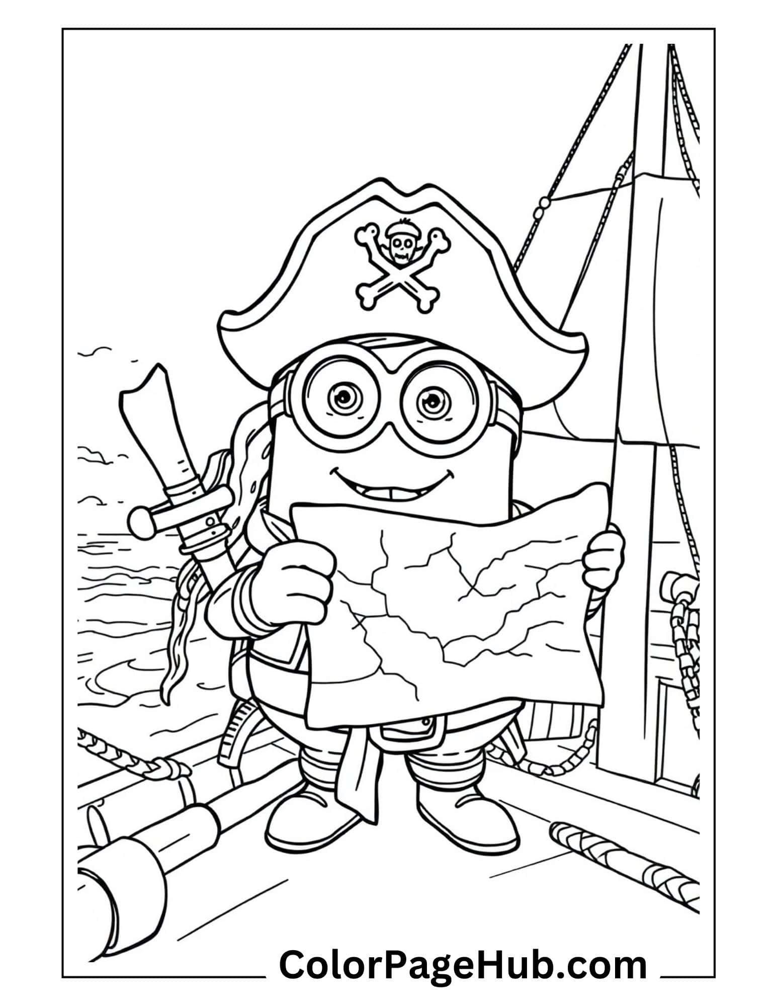 Pirate Minion coloring pages with treasure map and ship - adventure-themed Minion coloring pages featuring skull hat and ocean scene.