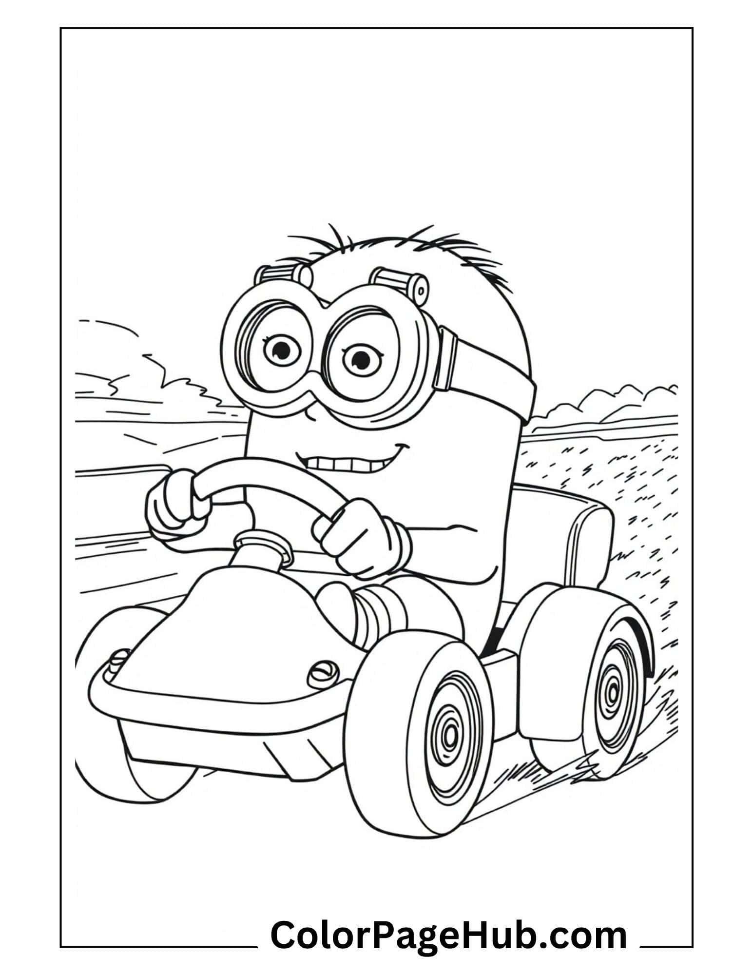 Printable Minion coloring pages for kids - fun cartoon character driving a go-kart, perfect for children who love Despicable Me activities