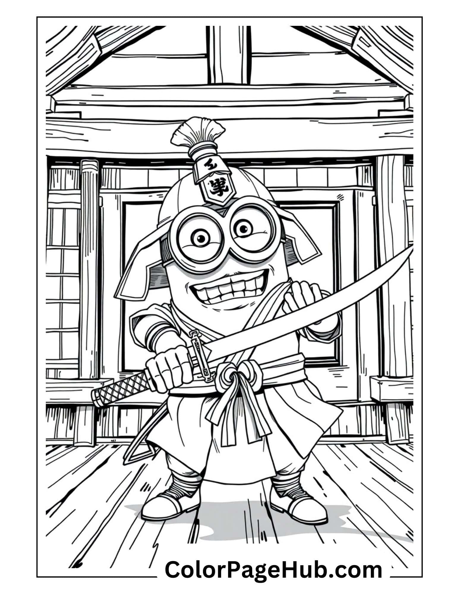 Minion coloring page featuring a samurai warrior character holding a katana sword in traditional Japanese dojo with wooden interior