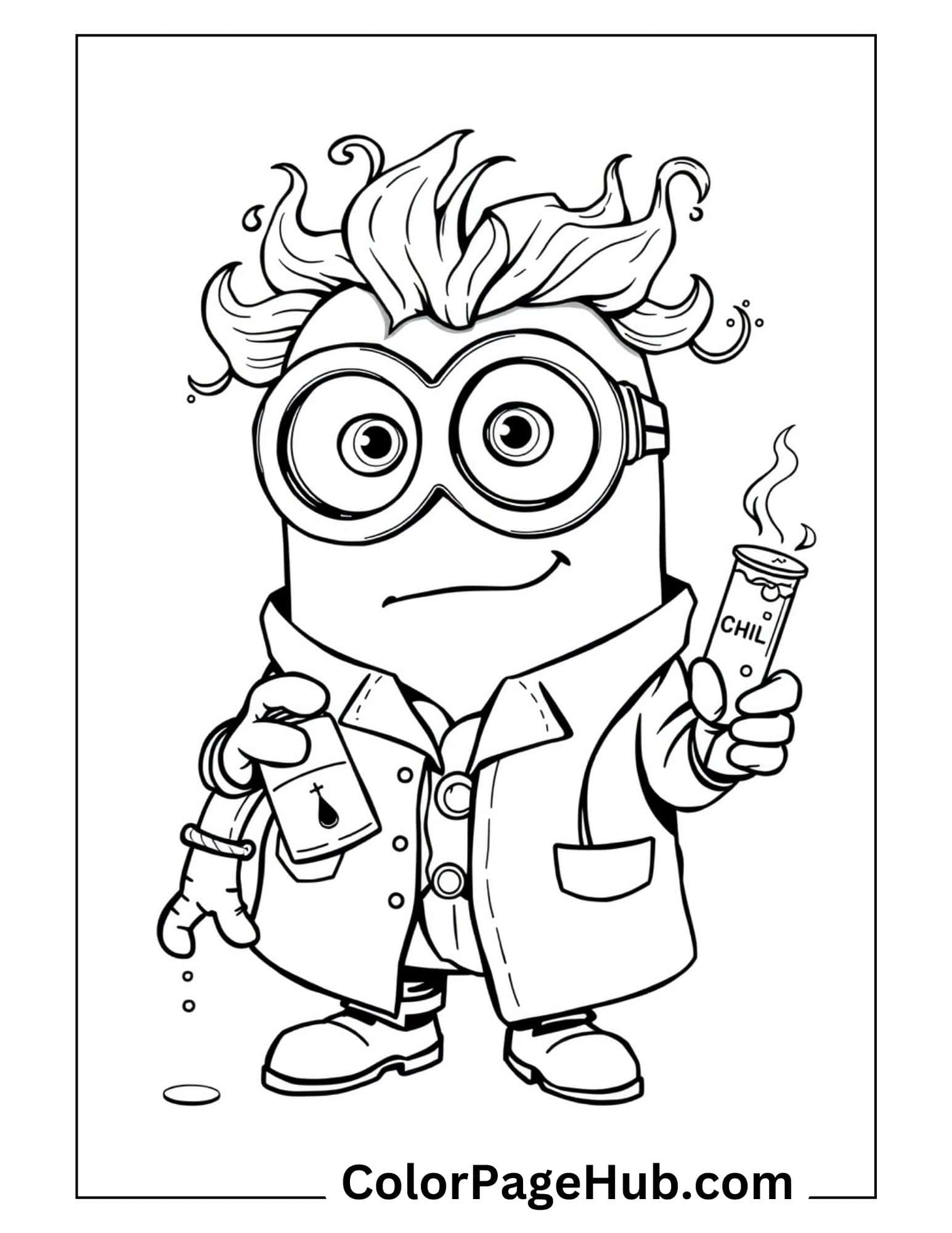 Scientist Minion coloring page with wild hair holding a 'CHILL' potion - educational Minion coloring pages perfect for science-loving kids.