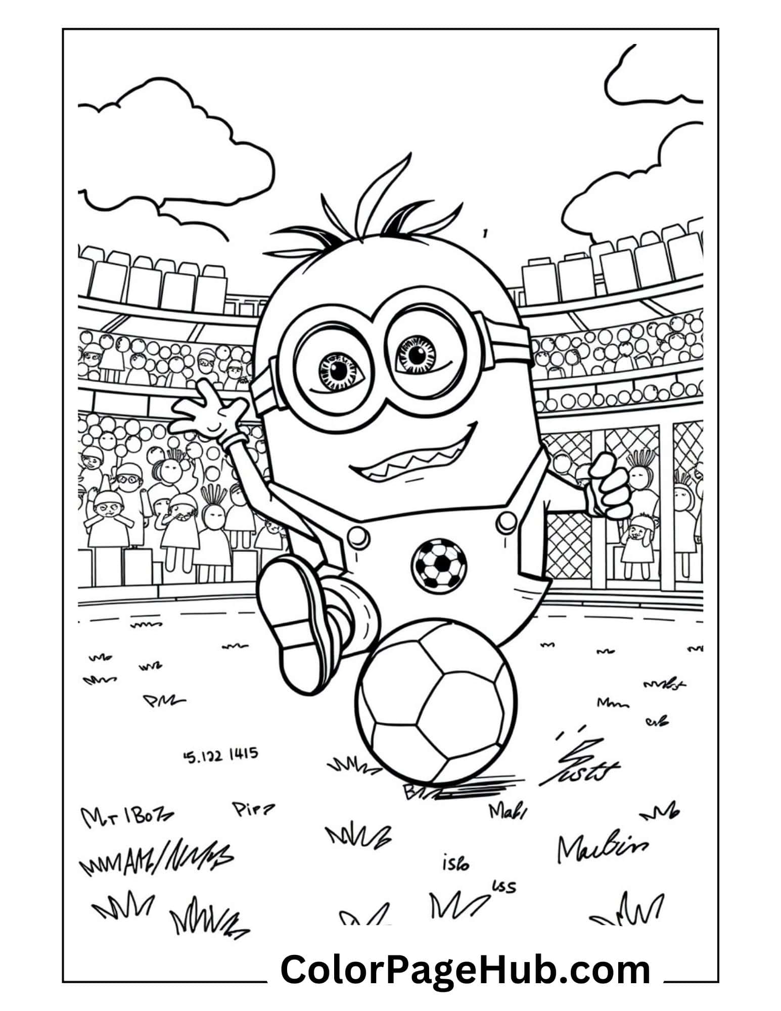 Soccer-loving Minion coloring page featuring a cheerful character kicking a ball in a stadium filled with fans, perfect for kids who enjoy sports