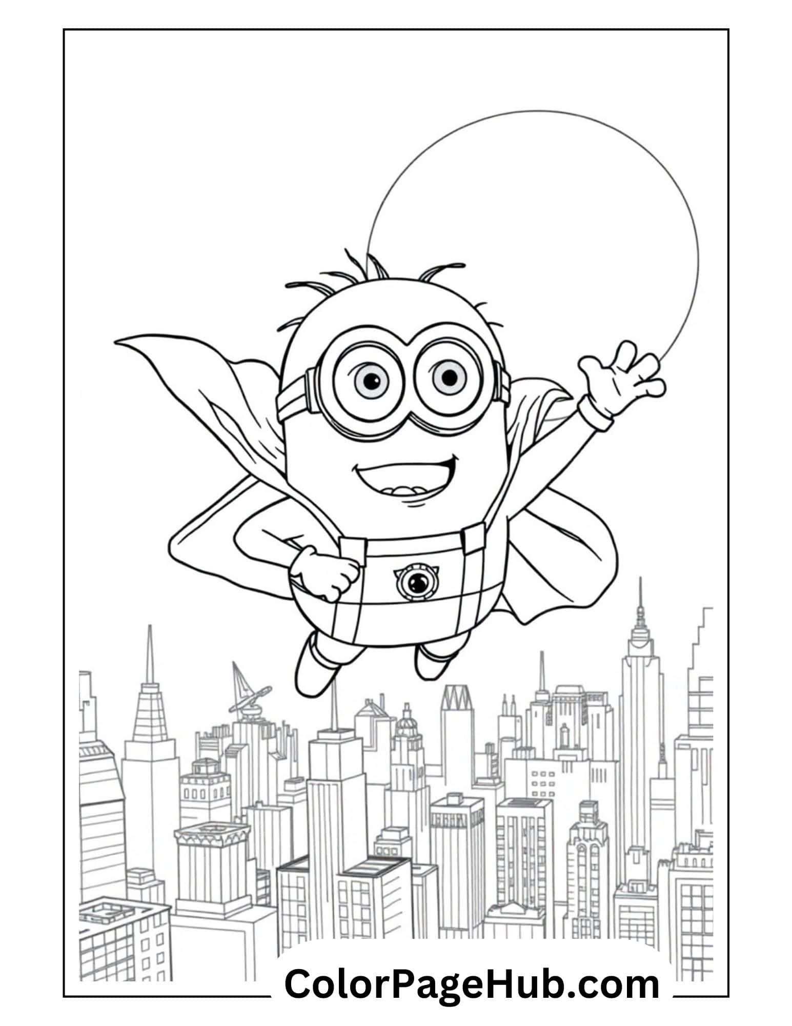 Superhero Minion coloring pages featuring caped character flying over city skyline - fun adventure-themed Minion coloring pages for kids.