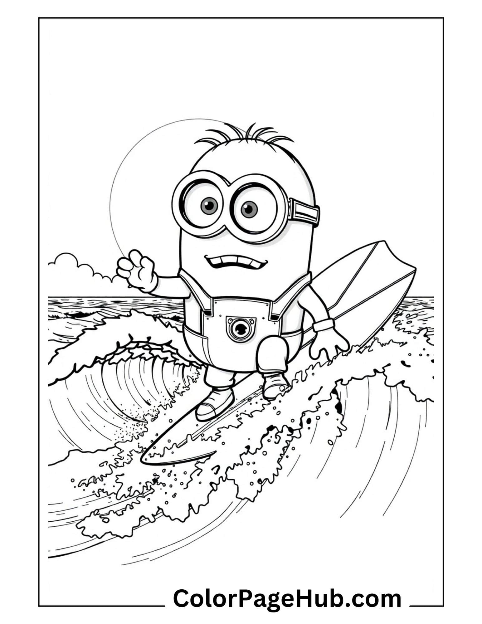 Surfing Minion coloring pages featuring a goggle-wearing character riding ocean waves on a surfboard under sunshine - beach fun