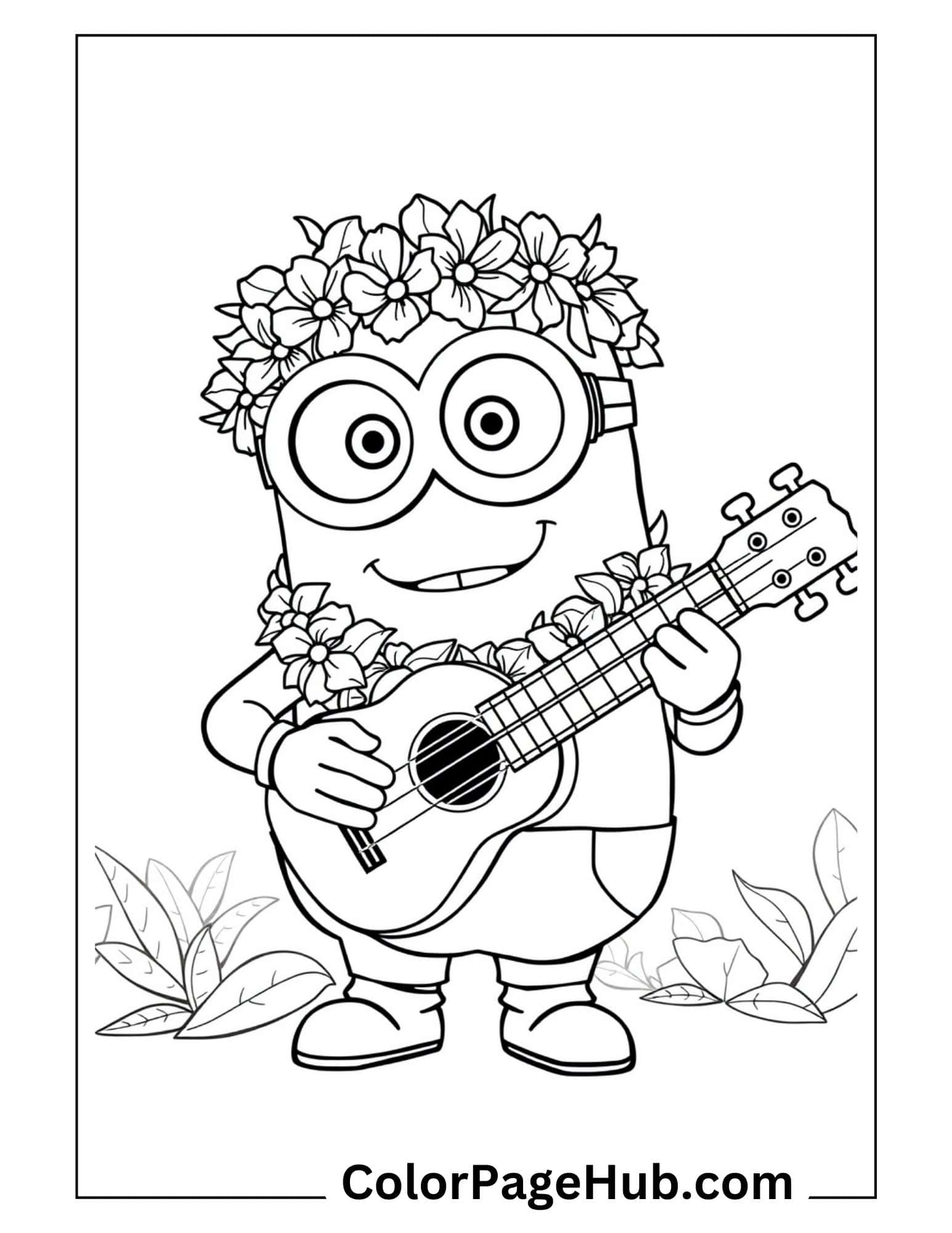 Minion coloring page featuring a cheerful character playing ukulele with flower crown and Hawaiian theme, surrounded by tropical plants