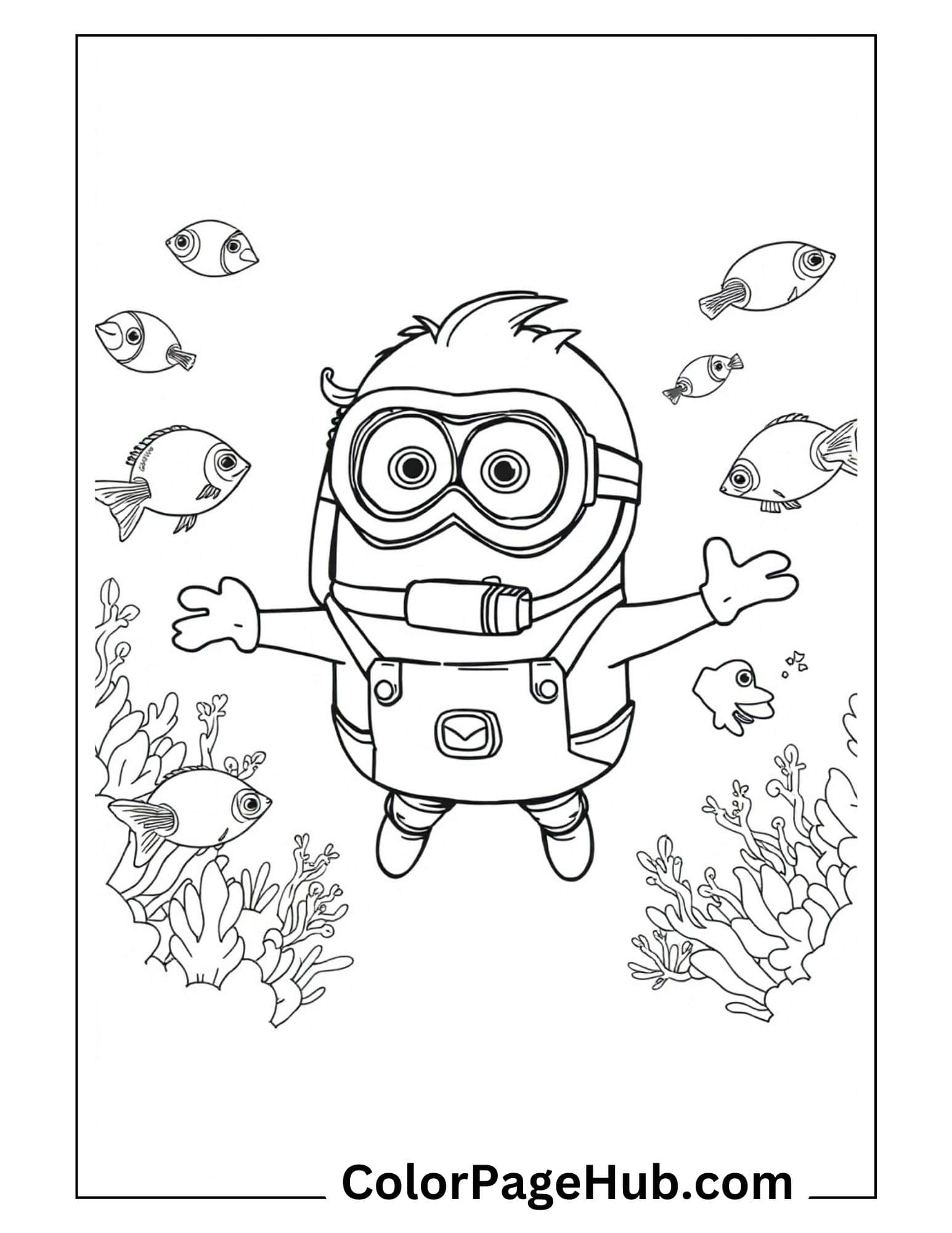 Underwater Minion coloring pages featuring a snorkeling Minion surrounded by tropical fish and coral reef - ocean adventure activity
