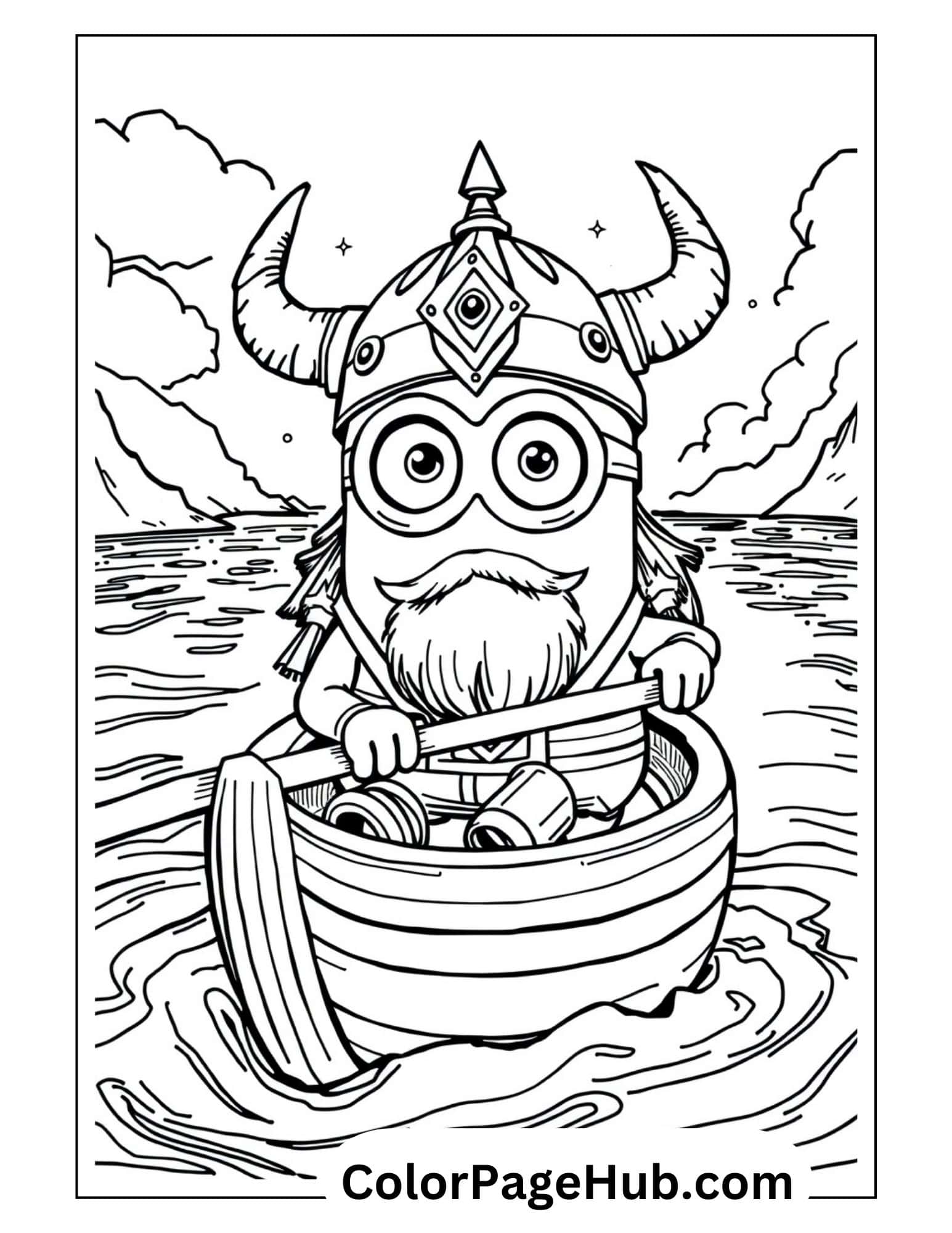 Viking Minion coloring page featuring a bearded Minion in horned helmet rowing a small wooden boat across water with mountains in background