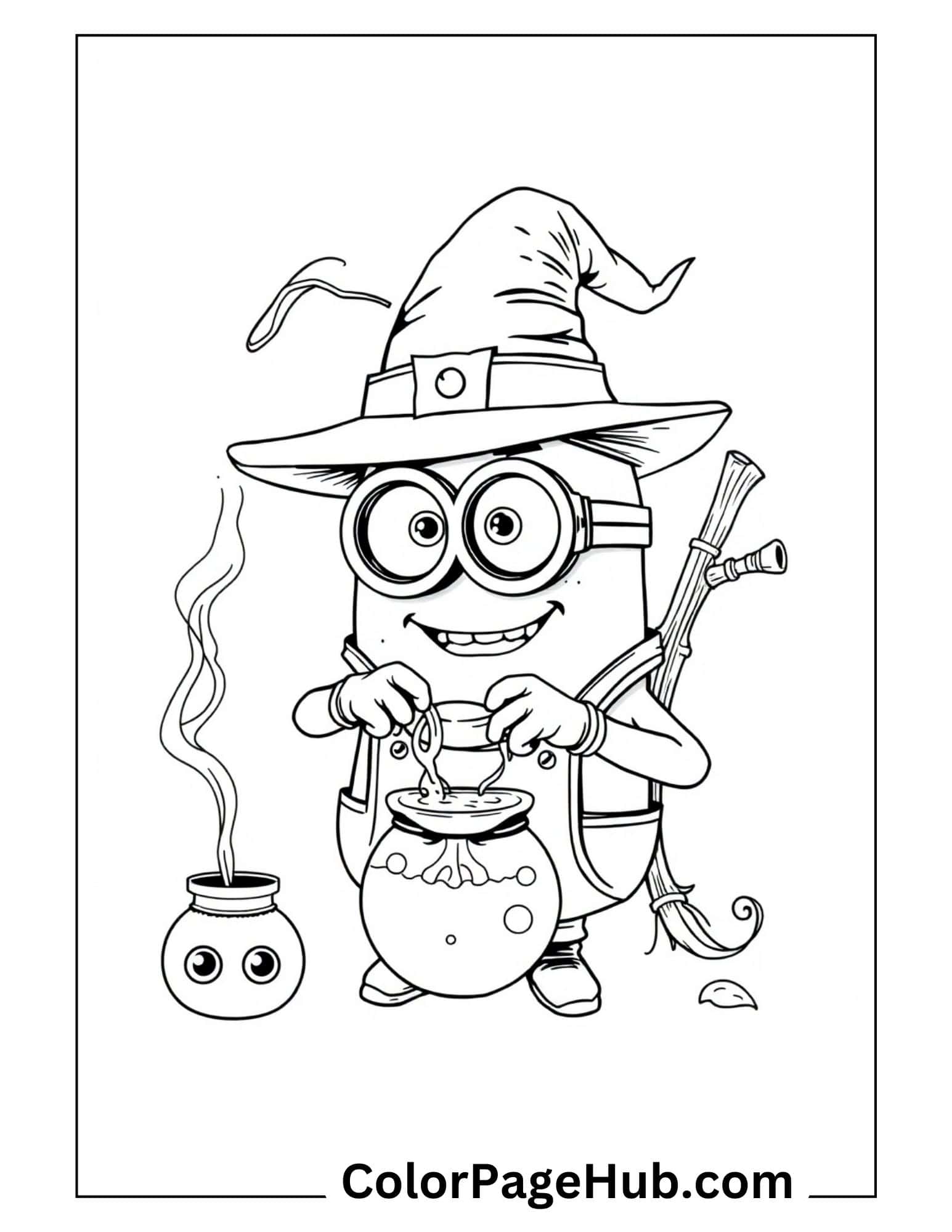 Halloween wizard Minion coloring page with witch hat, brewing potion in cauldron and broomstick - fun spooky Minion coloring pages