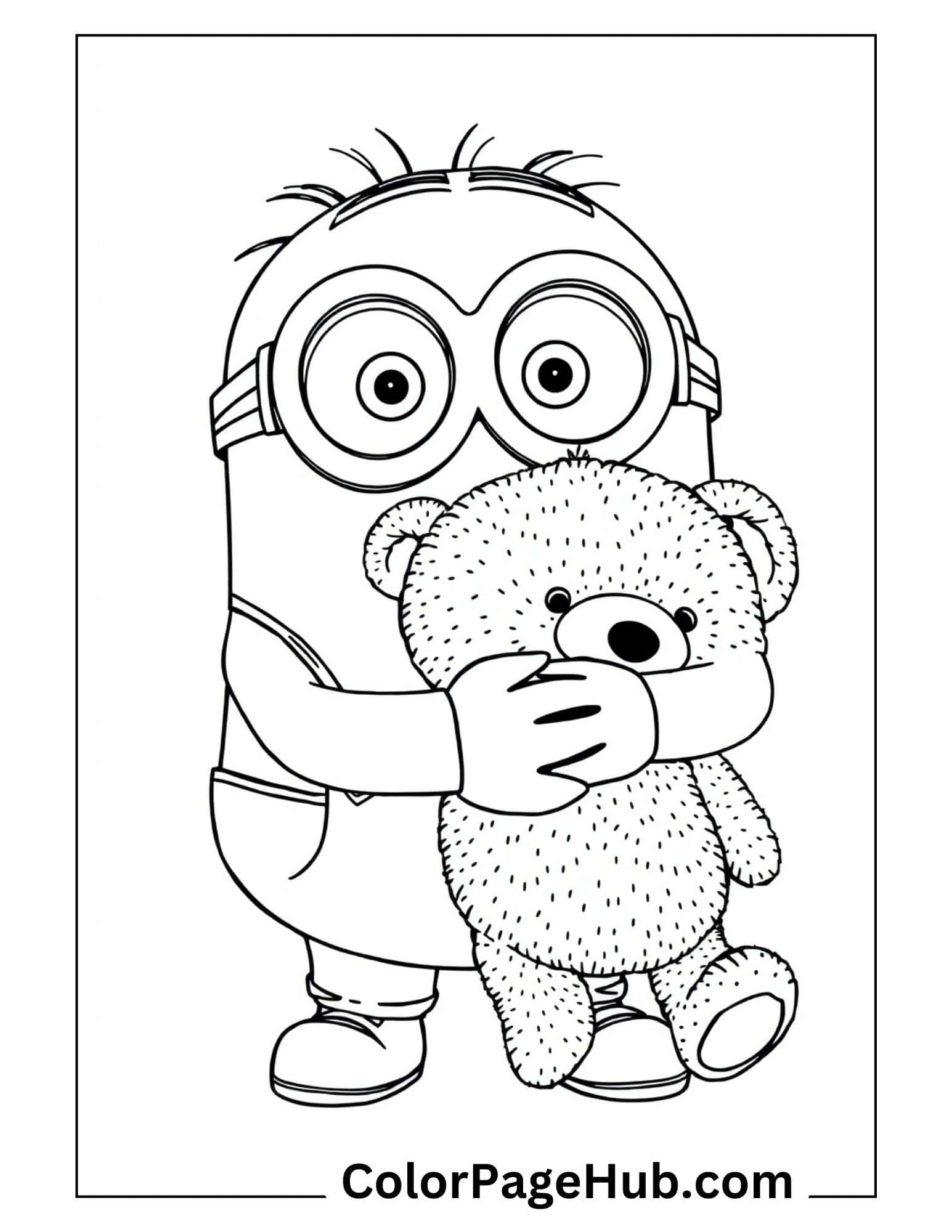 Cute Minion coloring page featuring a lovable character hugging teddy bear - free printable Minion coloring pages for kids to enjoy.
