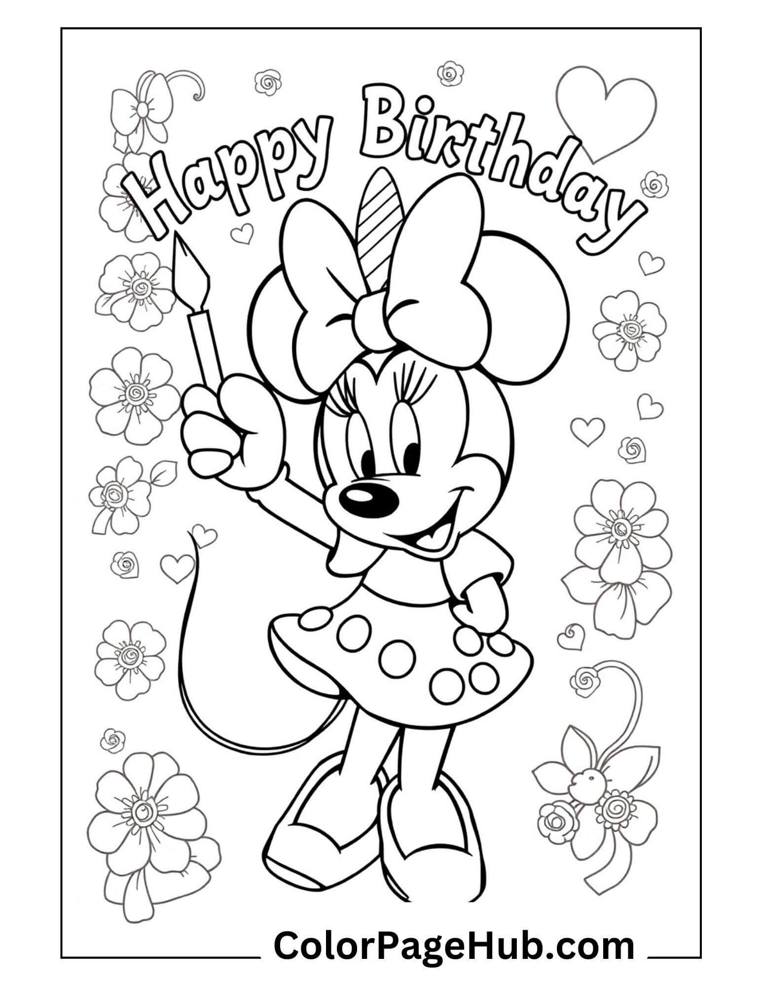 A cartoon mouse with a bow and polka-dot dress holds a pencil under the cheerful Happy Birthday banner, surrounded by flowers and hearts. This festive scene makes for perfect Happy Birthday coloring pages.