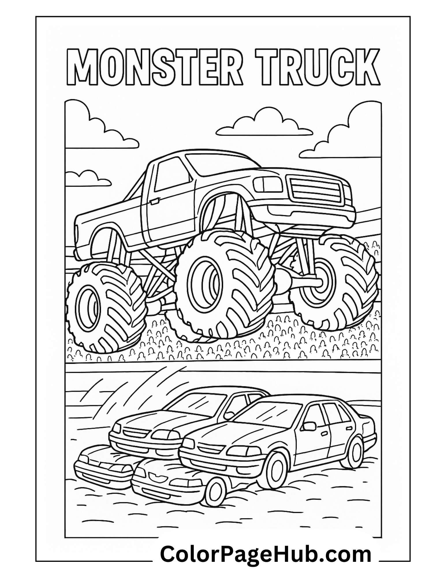 Monster truck crushing vehicles in a Cars Coloring Page for kids featuring bold outlines and fun car designs to color