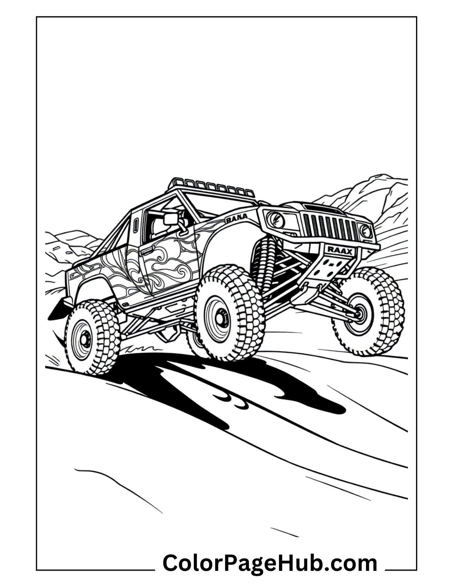 Off-road monster truck 'RAAX' jumping over rugged terrain - action-packed Cars Coloring Page for adventure fans