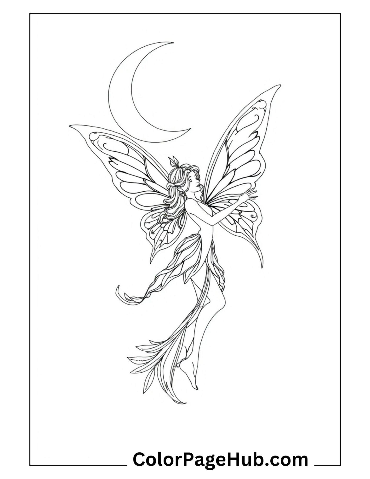 Moonlight fairy coloring page with elegant flying fairy, butterfly wings and flowing dress reaching toward crescent moon in night sky