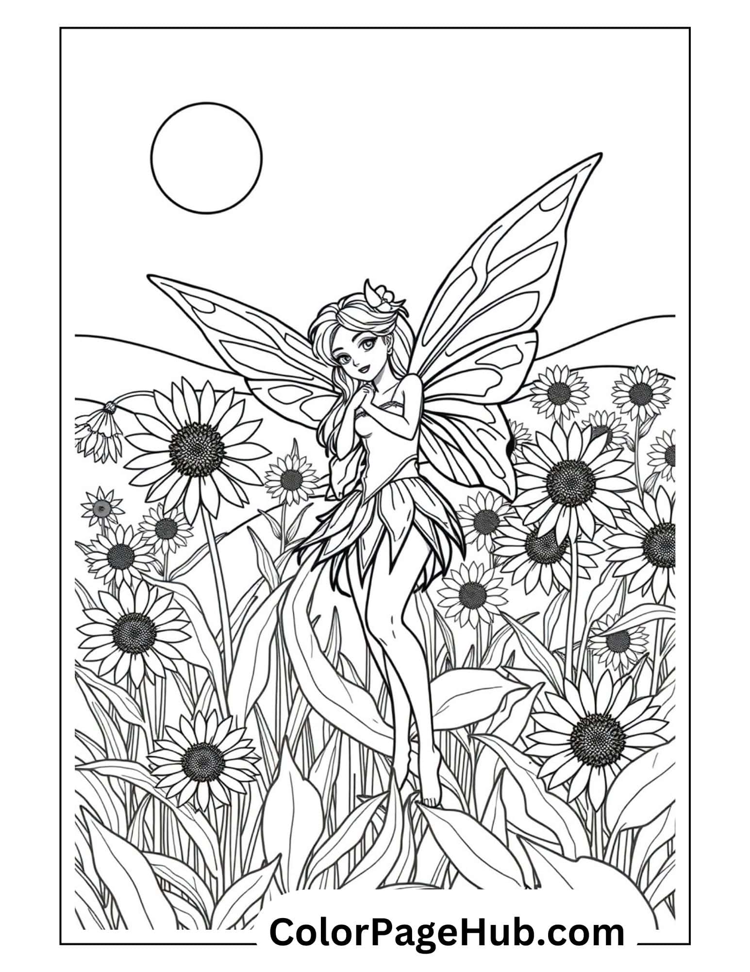 Fairy Coloring Page featuring a magical fairy with large wings in a sunflower field under a moon, perfect for kids' creativity